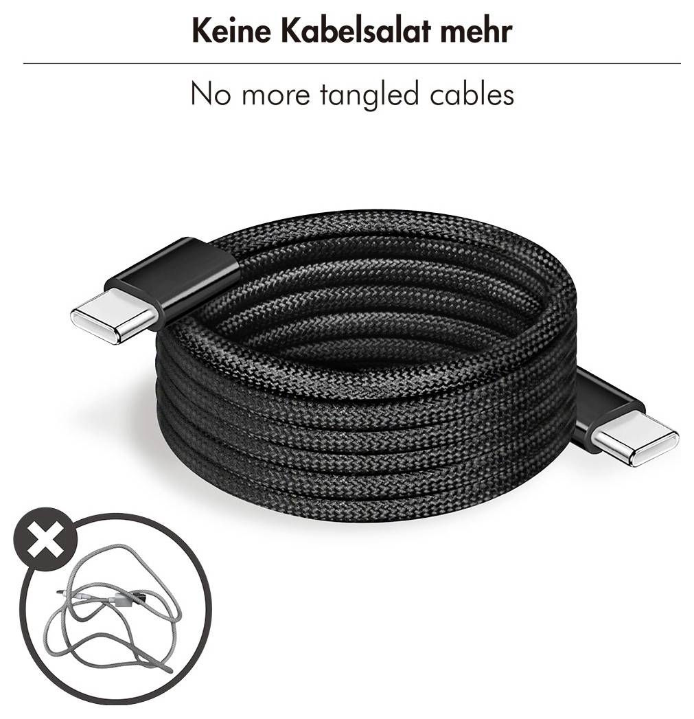 Stočený černý kabel USB-C s pletencovým obalem; text říká "Keine Kabelsalat mehr" a "Už žádné spletané kabely", plus přeškrtnutá ikona spleteného kabelu.