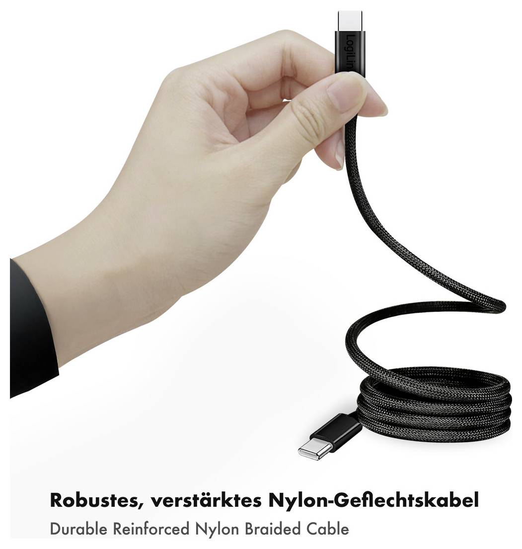 Ruka držící pletený kabel USB-C, zobrazující svinutý odolný zesílený nylonový kabel s konektorem; text zní "Robustes, verstärktes Nylon-Geflechtskabel" a "Odolný zesílený nylonový pletený kabel".