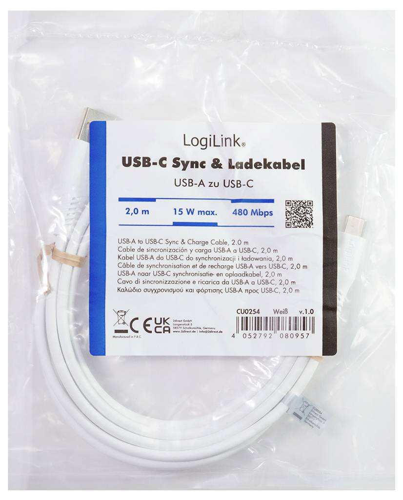 Synchronizační a nabíjecí kabel LogiLink USB-C v čirém balení, označený 2,0 m, max. 15 W, 480 Mbps.