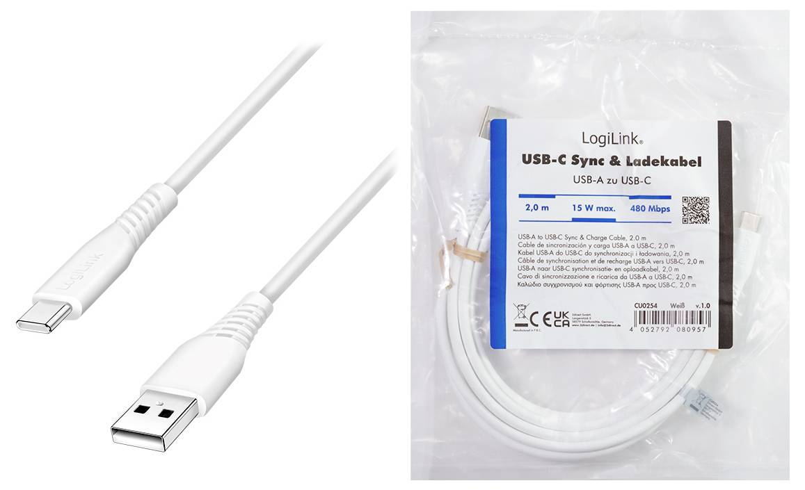 Bílý kabel USB-C na USB-A zobrazený vedle své balené maloobchodní tašky označené "LogiLink USB-C Sync & Ladekabel", "USB-A na USB-C", 2,0 m, 15 W max, 480 Mbps.