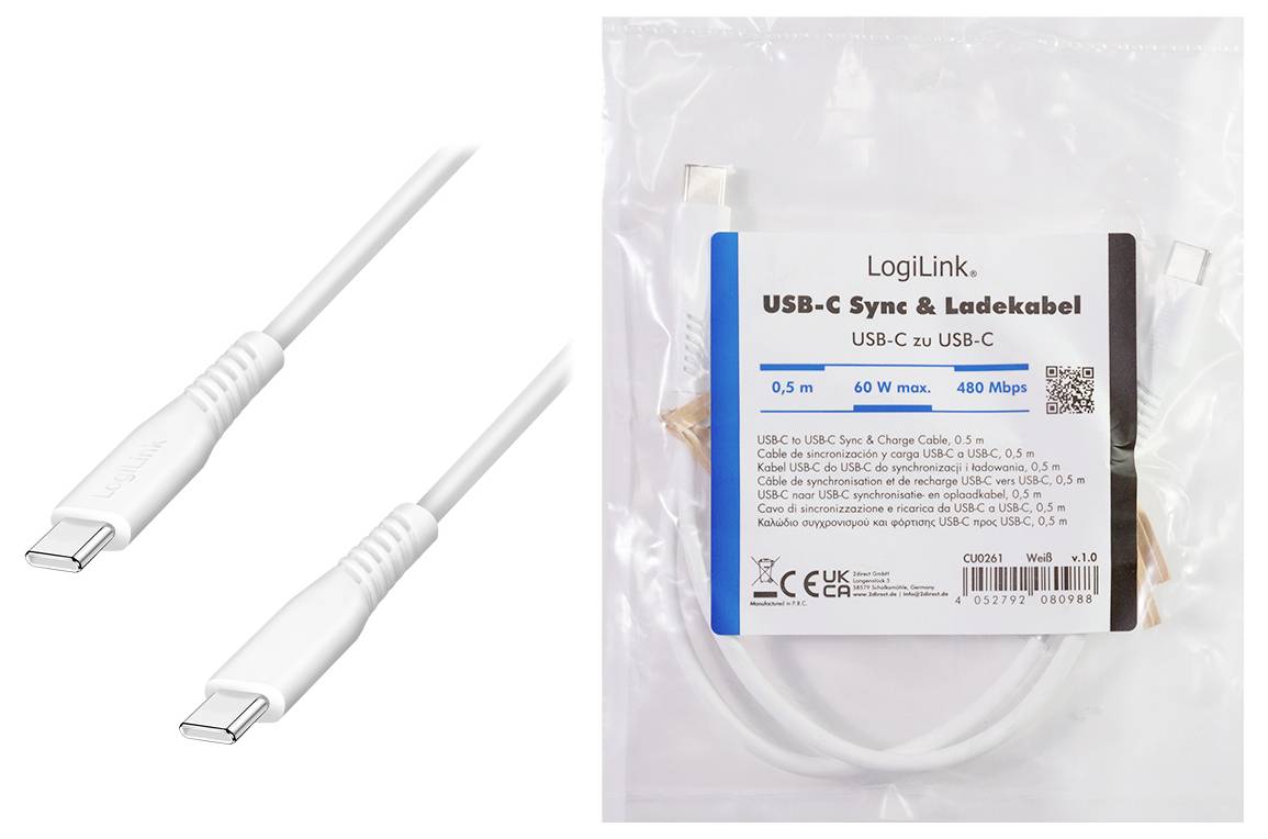Bílý USB-C kabel na USB-C pro nabíjení a přenos dat zobrazený vedle své balené maloobchodní tašky označené „LogiLink USB-C Sync & Ladekabel" s 0,5 m, max. 60 W, 480 Mbps.
