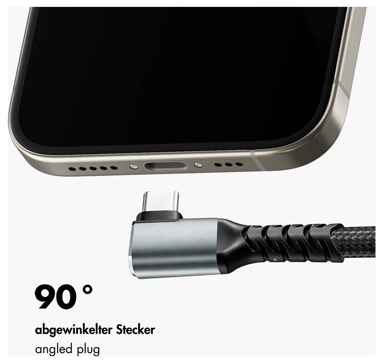 Detailní snímek chytrého telefonu s USB-C nabíjecím konektorem pod úhlem 90 stupňů, označeným jako "abgewinkelter Stecker" a "angled plug".