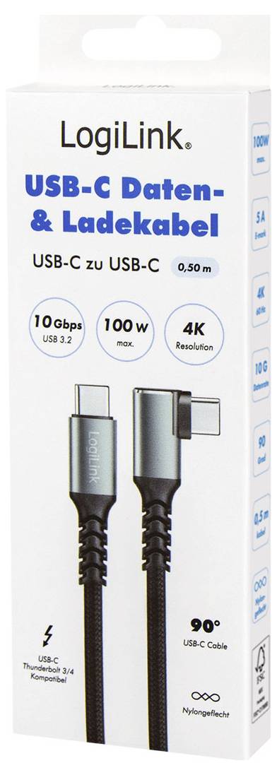 LogiLink USB-C kabel pro přenos dat a nabíjení v krabici, délka 0,50 m, USB 3.2 10 Gbps, max. 100 W, rozlišení 4K a konektor pod úhlem 90°.