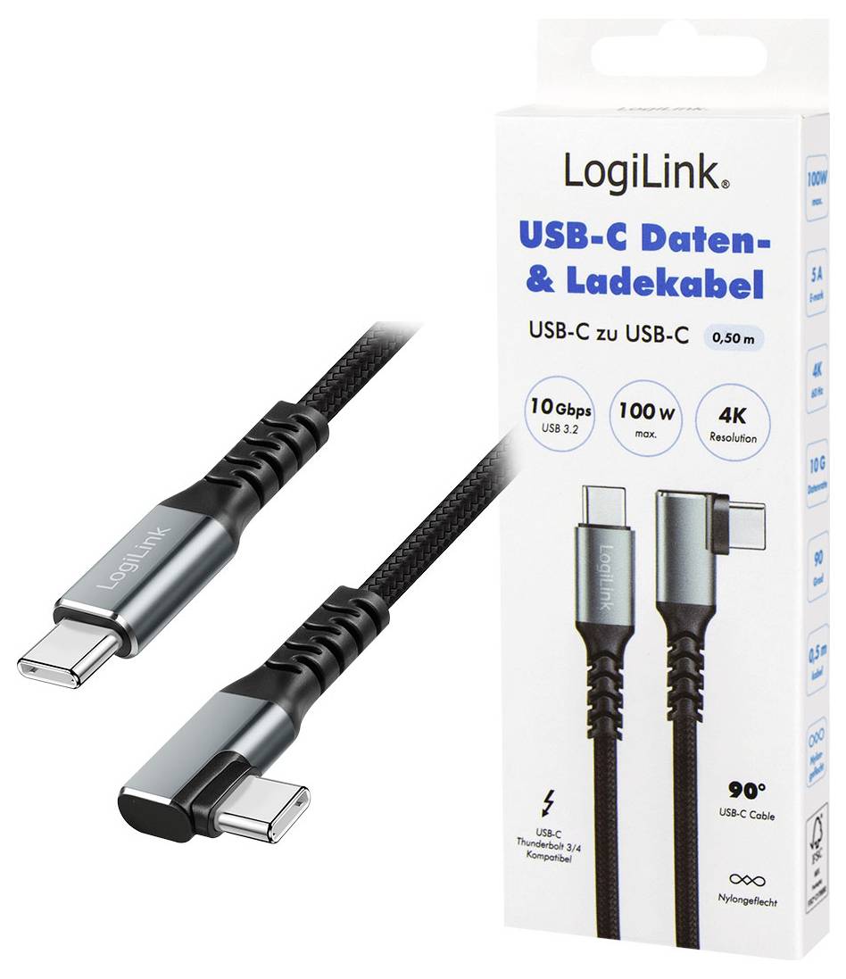 Balicek kabelu LogiLink USB-C na USB-C pro nabíjení/přenos dat, 0,5 m, 10 Gbps USB 3.2, max. 100 W, rozlišení 4K, s ilustrací úhlového konektoru.