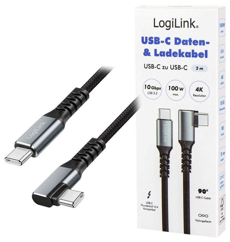 Obrázek produktu kabelu LogiLink USB-C na USB-C pro nabíjení a přenos dat, dlouhý 2 m, podporující 10 Gbps, 100 W a rozlišení 4K, zobrazený s maloobchodním balením.