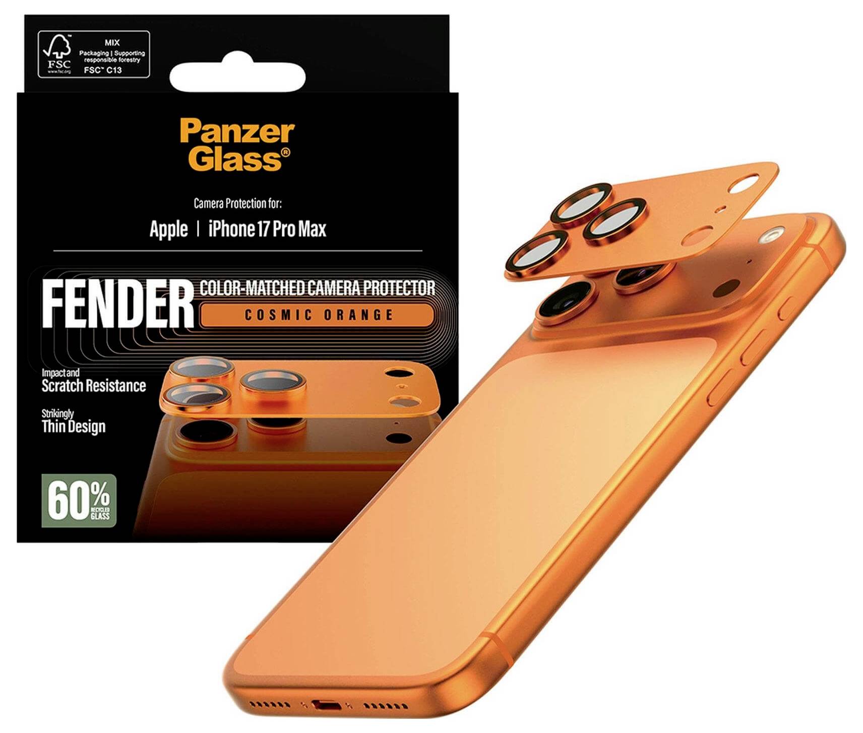 Ochranné sklo PanzerGlass Fender sladěné barvou pro iPhone 17 Pro Max v kosmické oranžové barvě, zobrazeno s oranžovým telefonem a ochranným krytím fotoaparátu.