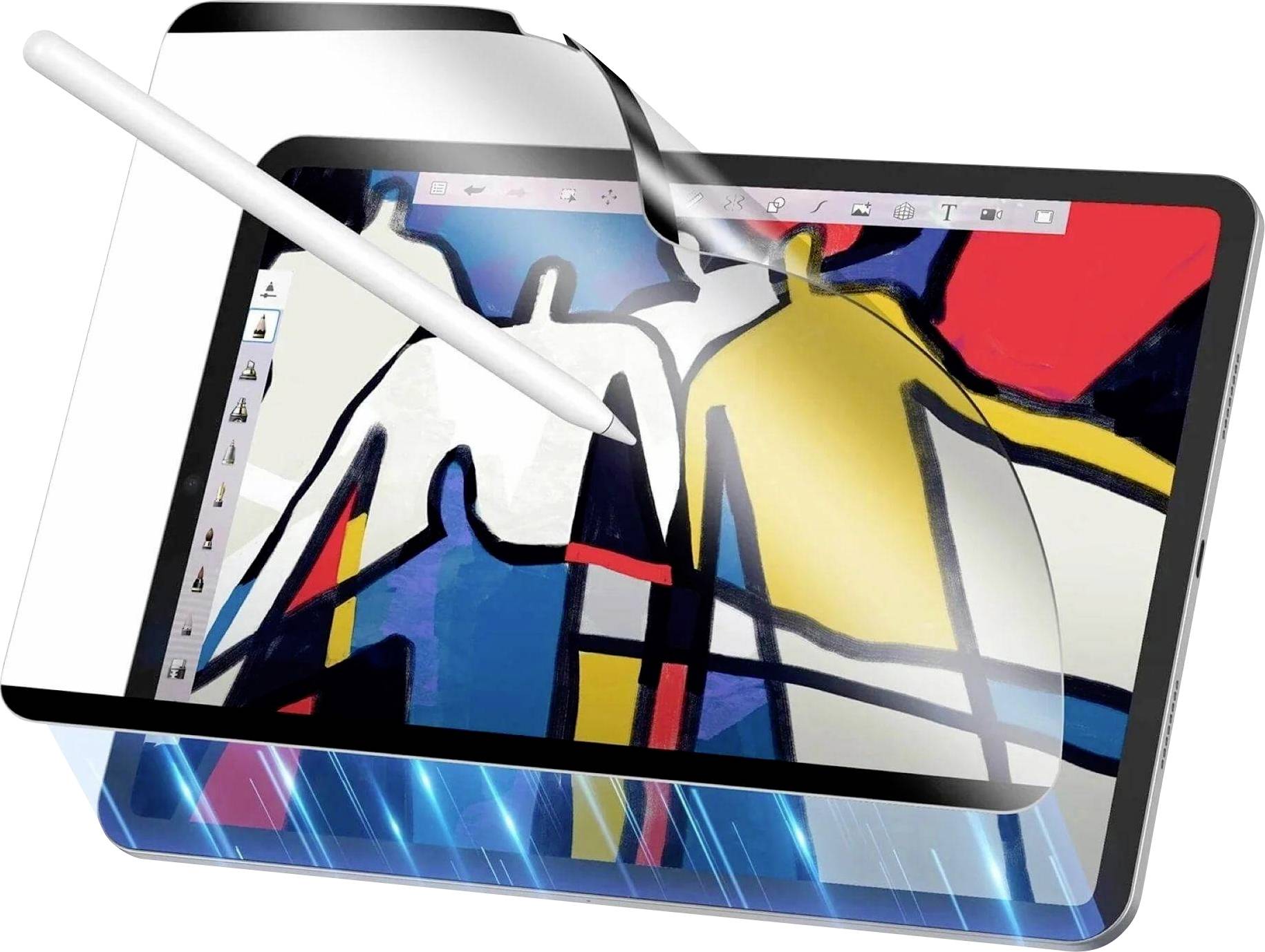 Stylus upravuje barevnou abstraktní malbu na obrazovce tabletu, což naznačuje digitální kresbu nebo grafický design.