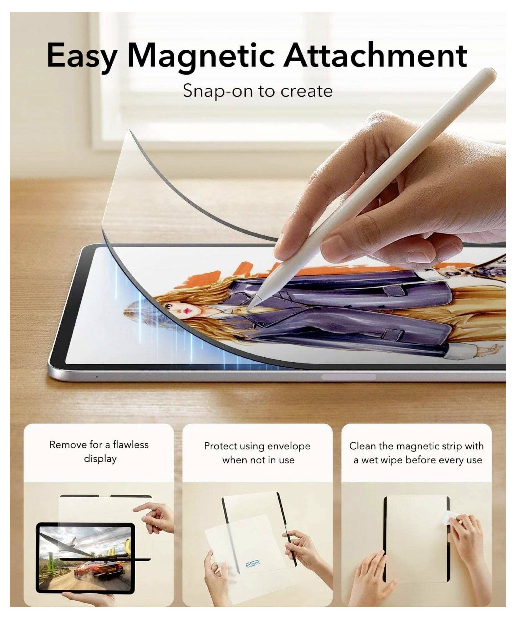 Magnetické krytí pro iPad: "Snadné magnetické připojení" a "Přichycení a vytvoření," s panely znázorňujícími sundání pro zobrazení, úložiště v ochranném obalu a čištění magnetického pásku.