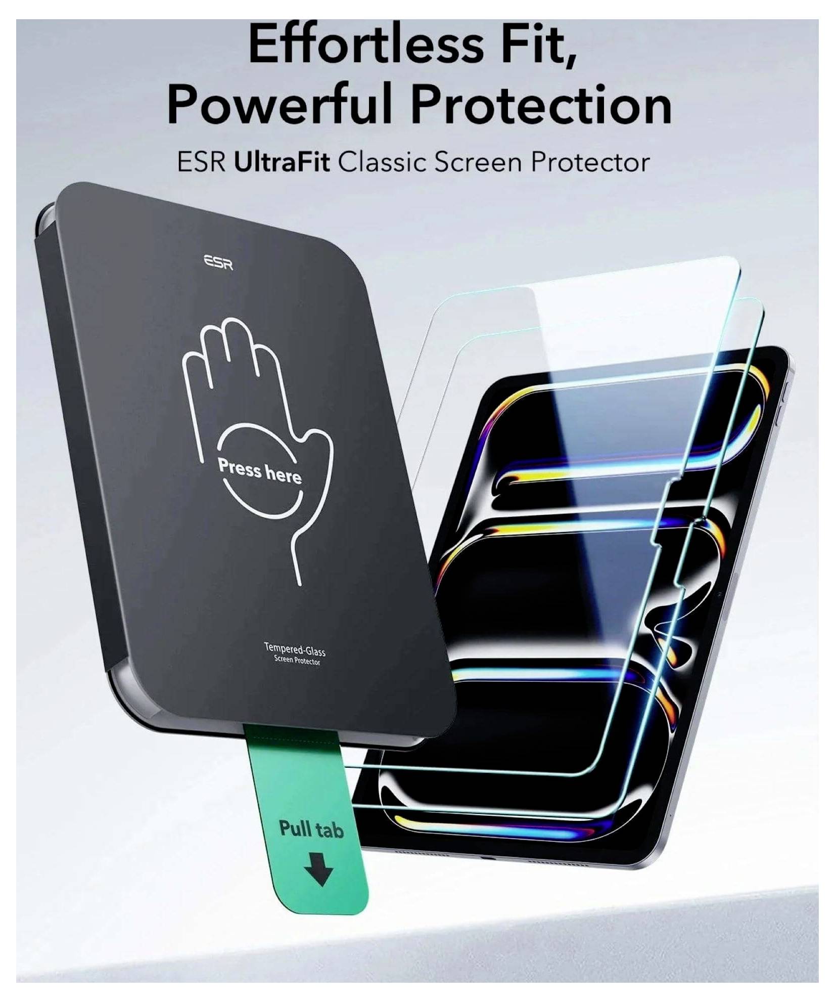 Reklamní grafika pro ESR UltraFit Classic Screen Protector zobrazující průvodce bezdrátové instalace s textem "Stiskněte zde" a "Tažná karta" na obrazovce telefonu.