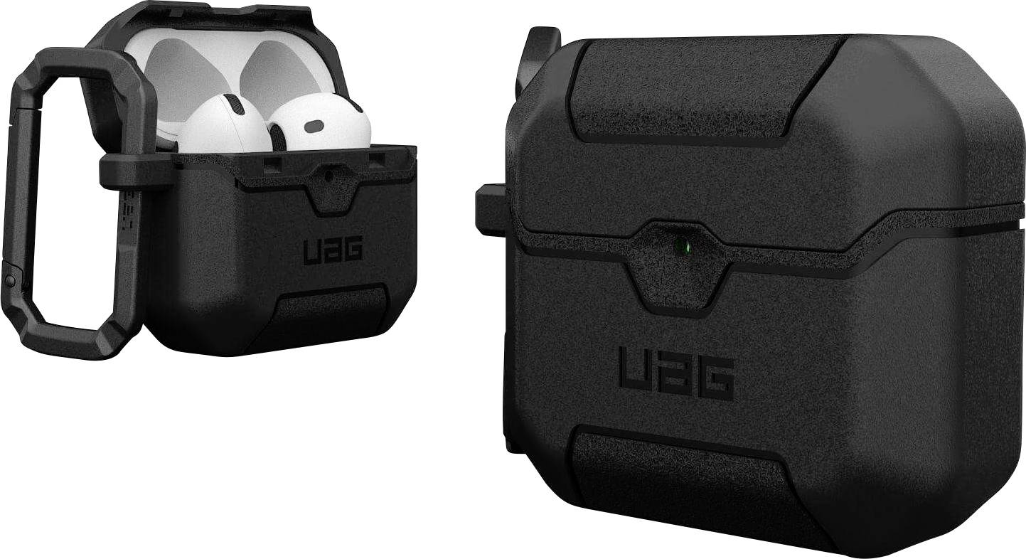 Černé pouzdro na sluchátka stylu AirPods od značky UAG se zesílenou karabinou, zobrazeno otevřené s náušnicemi vlevo a zavřené vpravo.