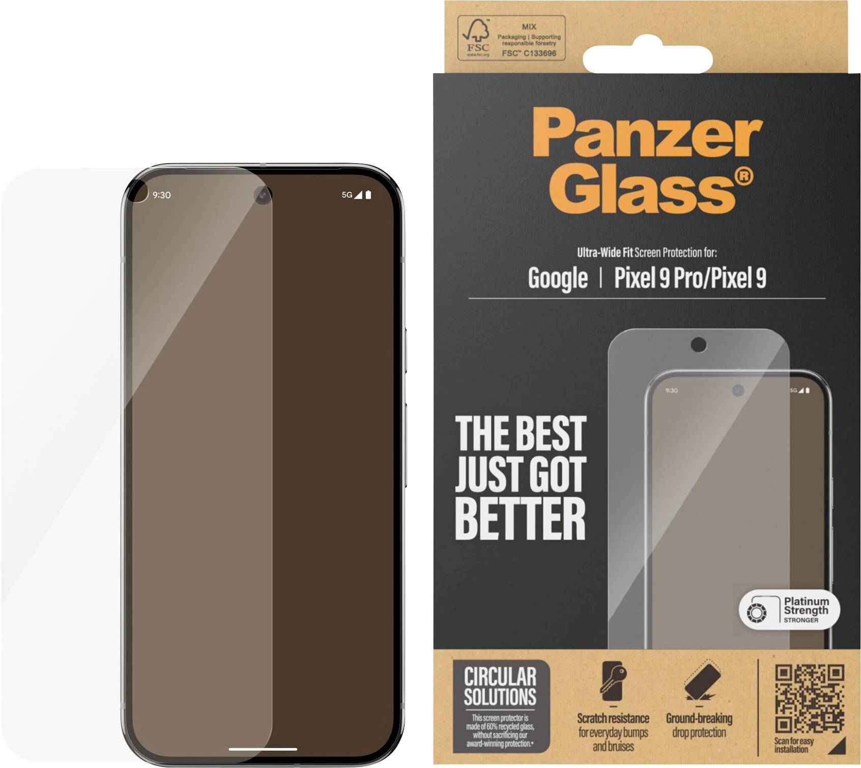 Obrázek produktu ochranného skla PanzerGlass pro Google Pixel 9 Pro/Pixel 9, který ukazuje telefon s aplikovaným ochranným sklem a balením s nápisem 'THE BEST JUST GOT BETTER'.