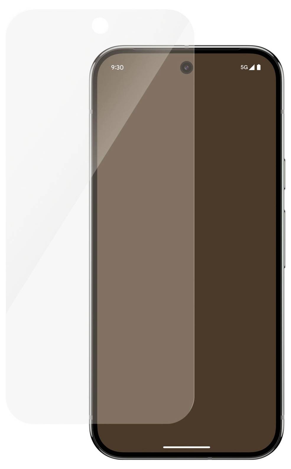 Přední pohled na chytrý telefon s transparentní ochrannou vrstvou obrazovky a vystředěným výřezem fotoaparátu, zobrazeným na jednoduchém pozadí.
