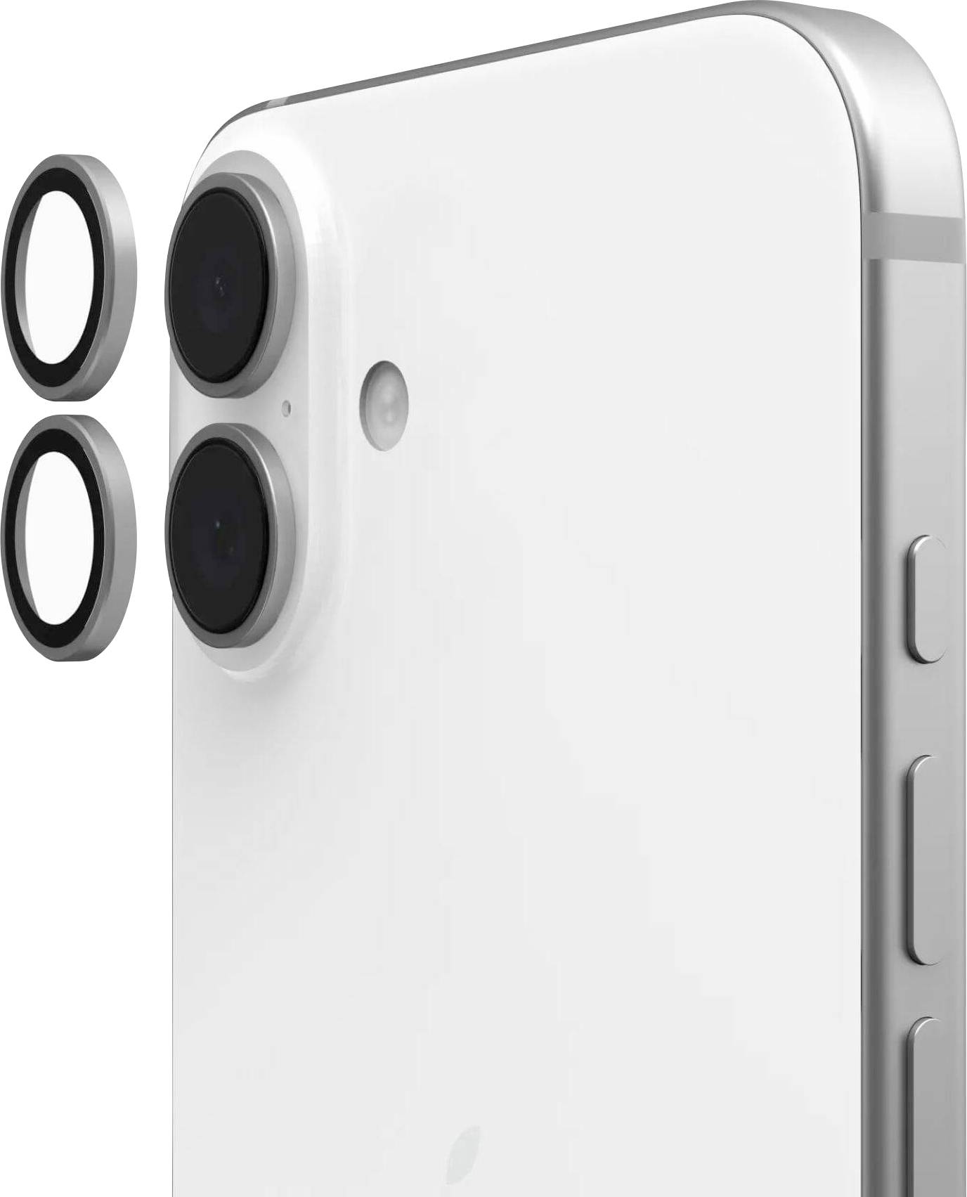 Detailní záběr na zadní kamerový modul bílého smartphonu se dvěma objektivy, bleskem a dvěma volnými stříbrno-černými kruhovými kroužky vedle něj.