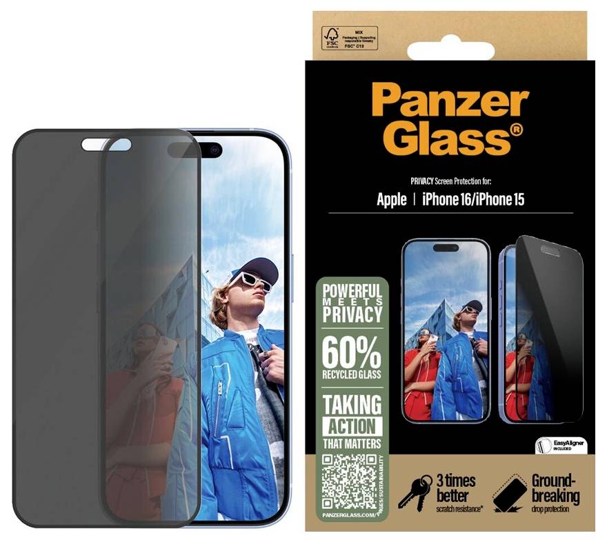 Ochranná fólie PanzerGlass se soukromým filtrem pro Apple iPhone 16/iPhone 15, zobrazená na telefonu s tmavým filtrem pro ochranu soukromí a maloobchodním balením s vyznačením 60% recyklovaného skla.