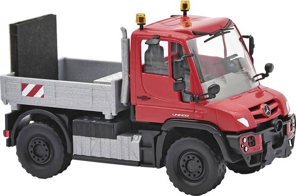 Busch 50937 H0 model nákladního vozidla Mercedes Benz Unimog U430, doprovodná opatření pro přepravu těžkých břeh