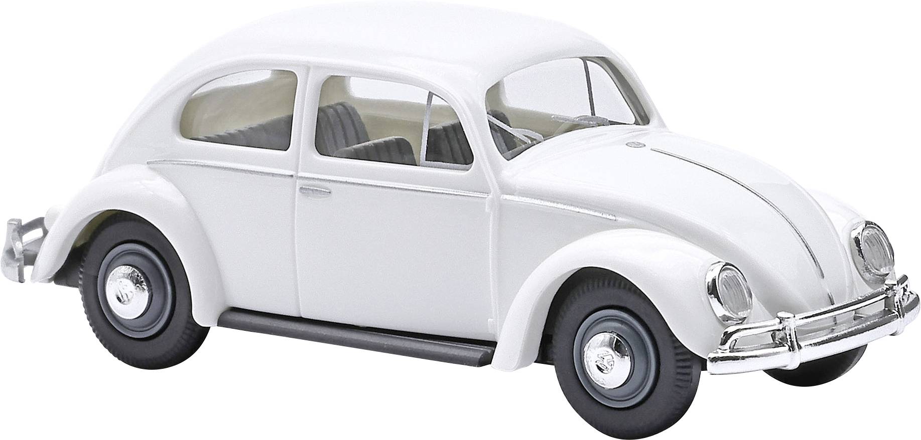 Bílý starožitný automobil Volkswagen Beetle zobrazený v bočním pohledu na jednobarevném bílém pozadí.