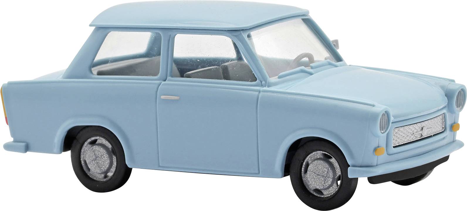 Světle modrý vintage kompaktní automobil zobrazený z bočního pohledu na bílém pozadí.