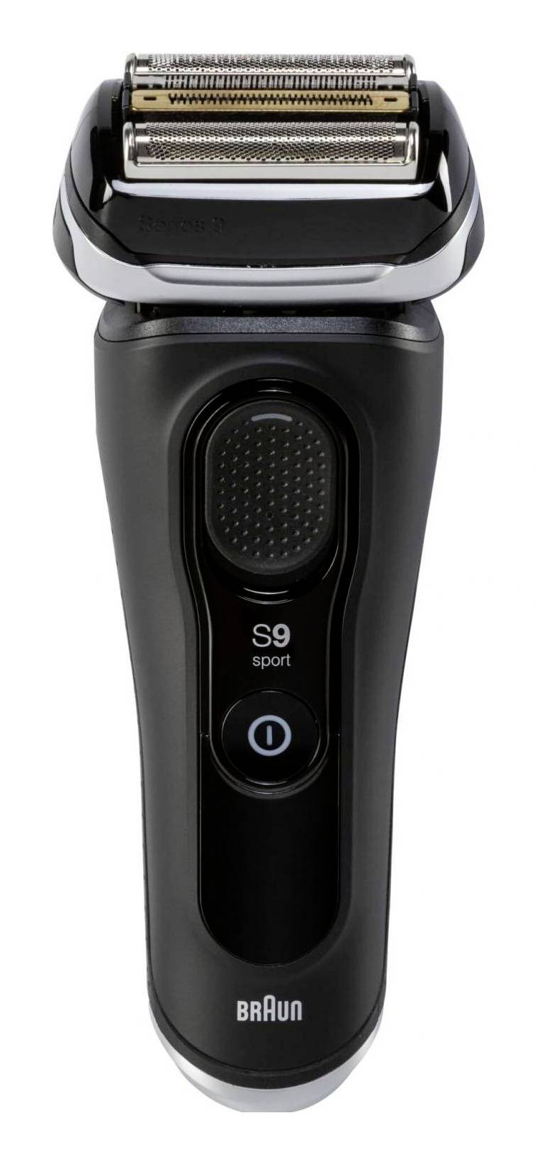 Černý Braun S9 Sport elektrický holič s fóliovou hlavicí, předním tlačítkem napájení a panelem nabíjení/displeje.