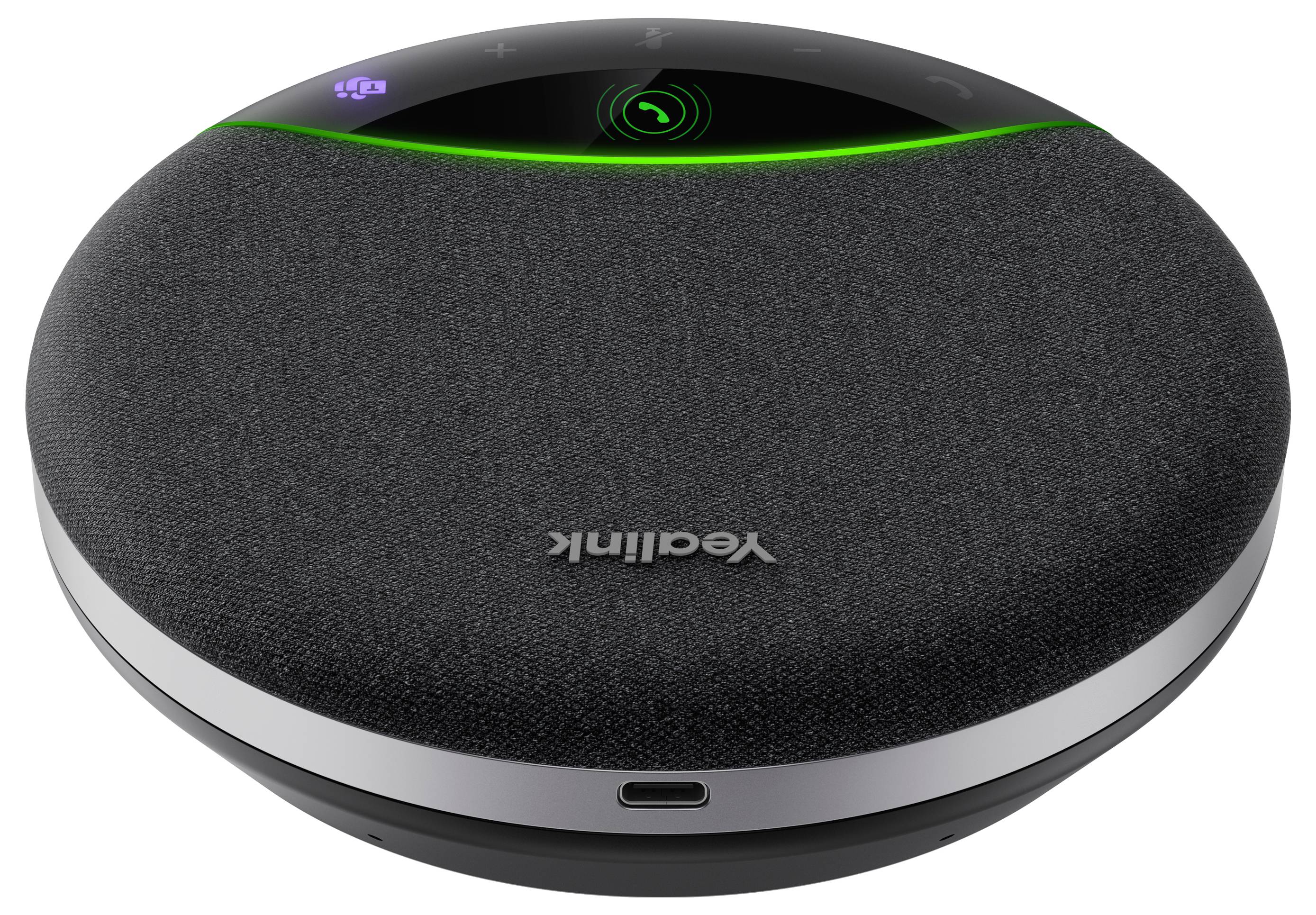 Kulatý konferenční reproduktor Yealink s černou textilní horní částí, zeleným stavovým indikátorem a USB-C portem, zobrazen na bílém pozadí.