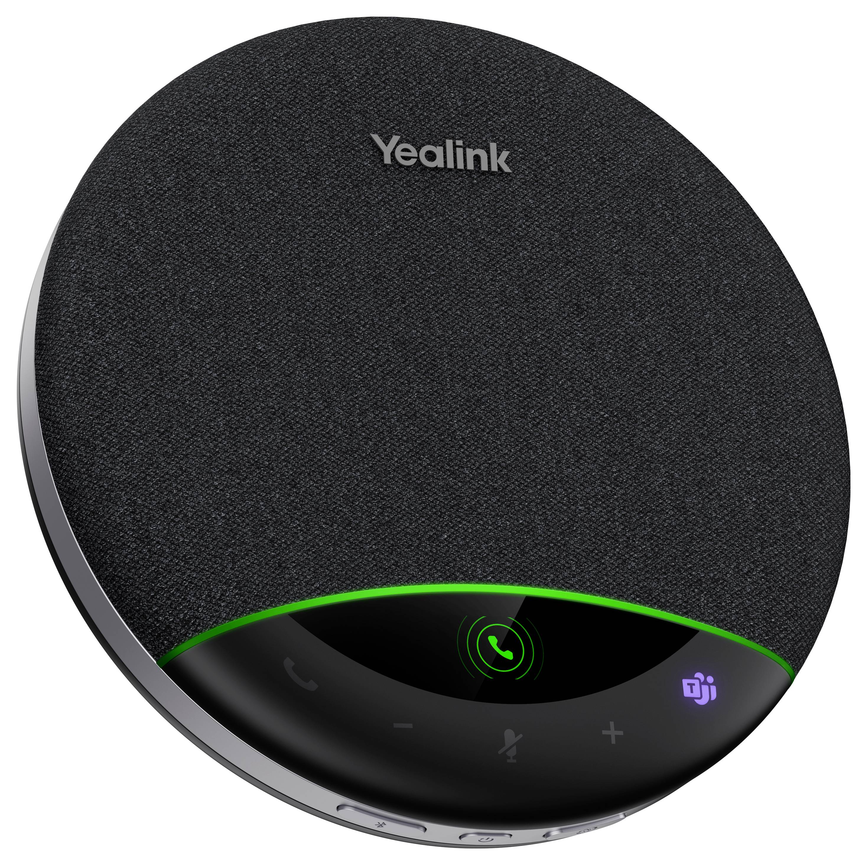 Kulatý Yealink hands-free telefon s látkovým povrchem a osvětlenými tlačítky pro volání, ztlumení, hlasitost a Teams na černé základně.