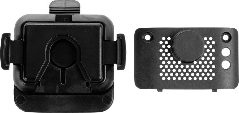 Černá držák na smartphone pro ventilaci a clips zobrazené z přední a zadní strany s nastavitelným držákem a děrovanou připevňovací deskou.