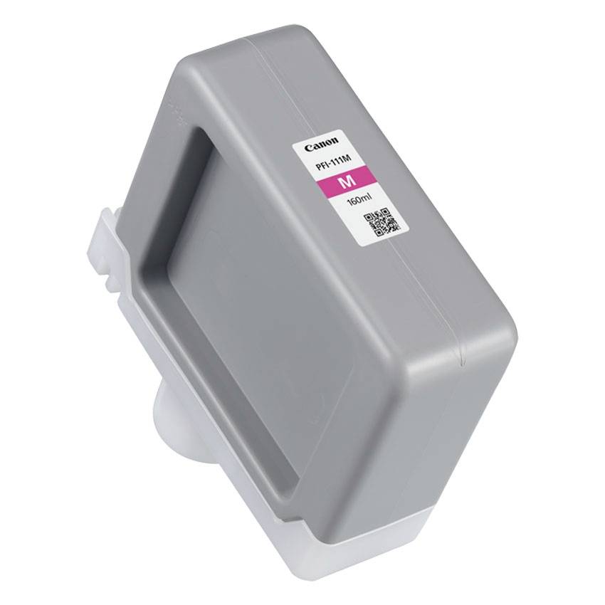 Šedá cartridge purpurového inkoustu Canon PFI-111M, označená 160 ml, zobrazená na bílém pozadí.