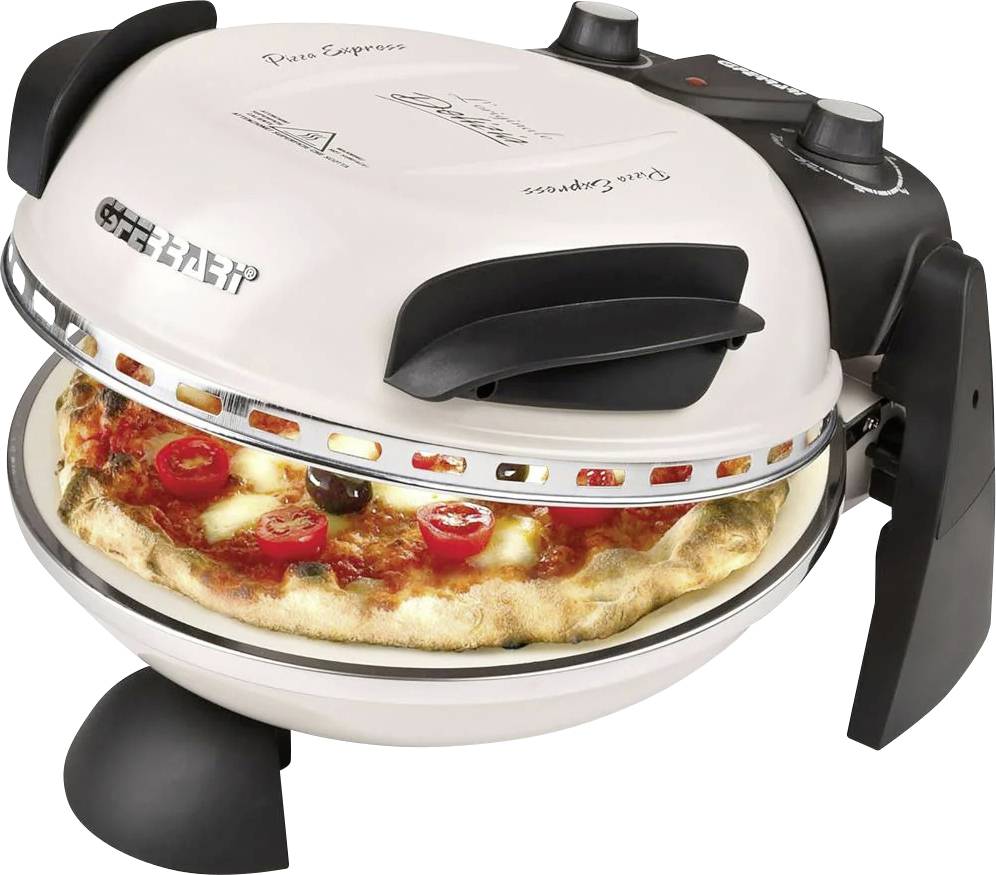 Přenosná pizzerie se skleněným oknem pro sledování pečení pizzy uvnitř, s černými rukojeti a ovládacími knoflíky nahoře.