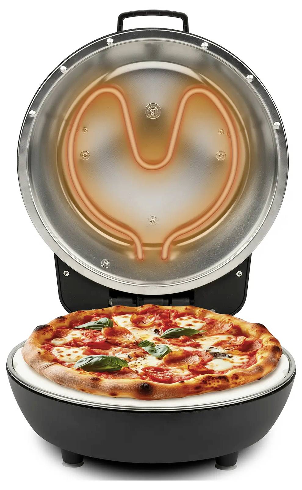 Stolní elektrická pizzerie s vyhřívaným U-tvarovým prvkem a čerstvě upečenou pizzou uvnitř