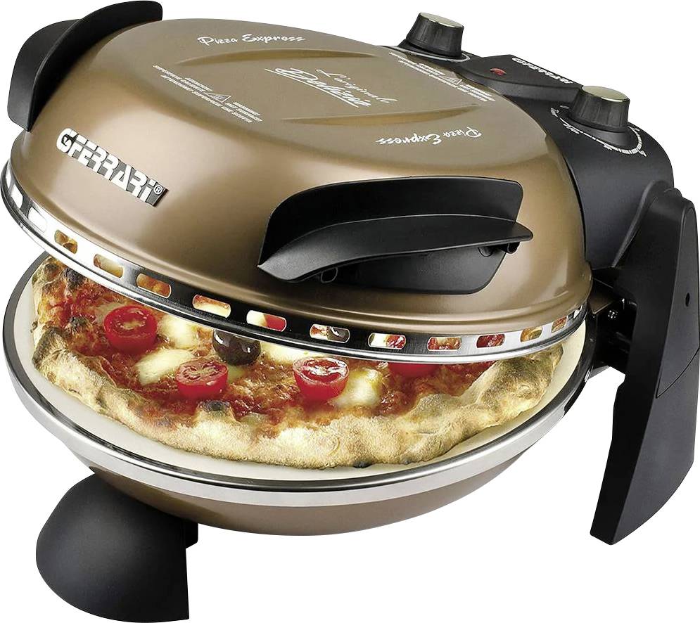 Přenosná stolní pec na pizzu s kulatou pizzou péct se uvnitř a černým víkem a madly.