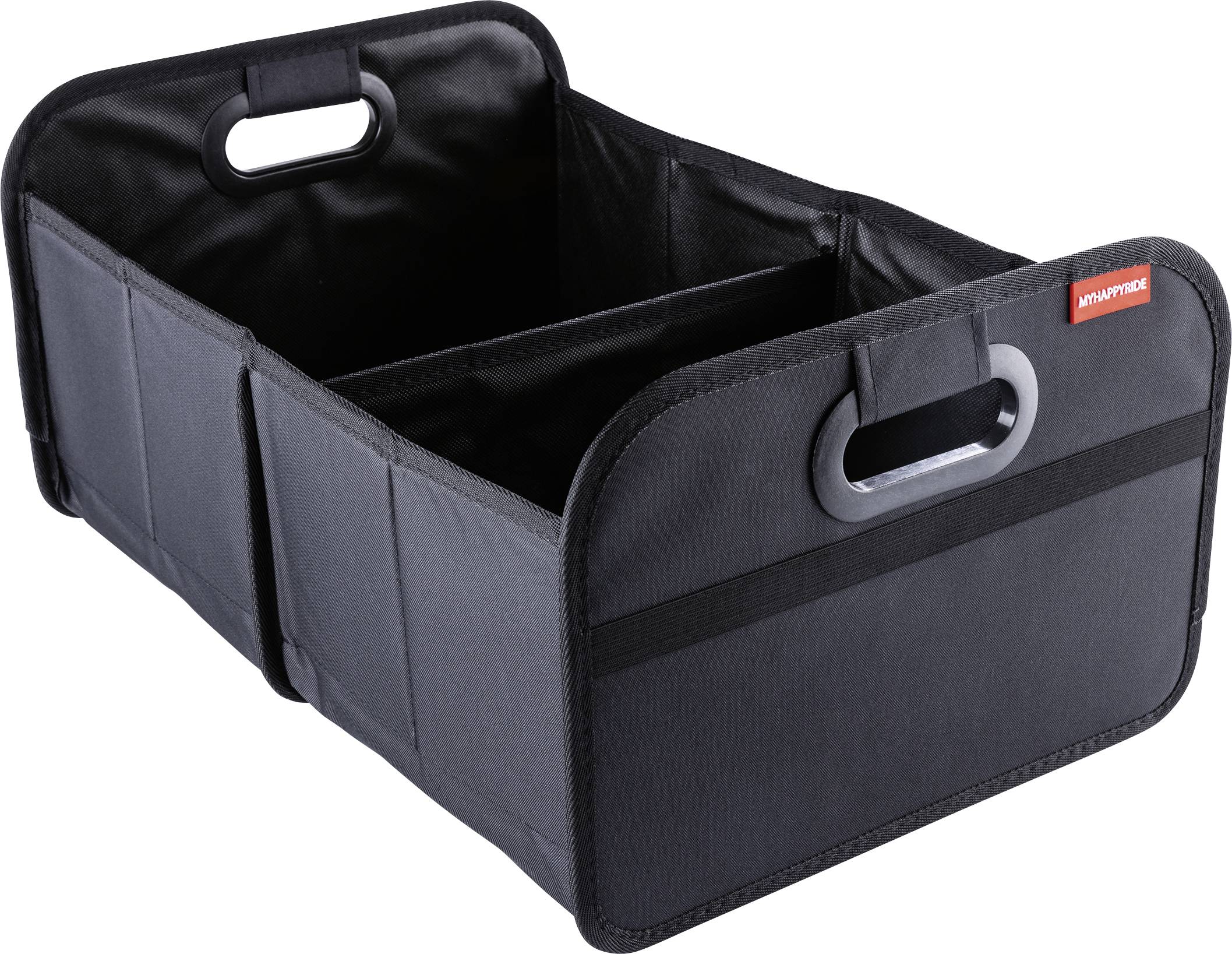 Černá skládací látkový úložný box se stranními držadly a otevřeným vrchem na bílém pozadí.