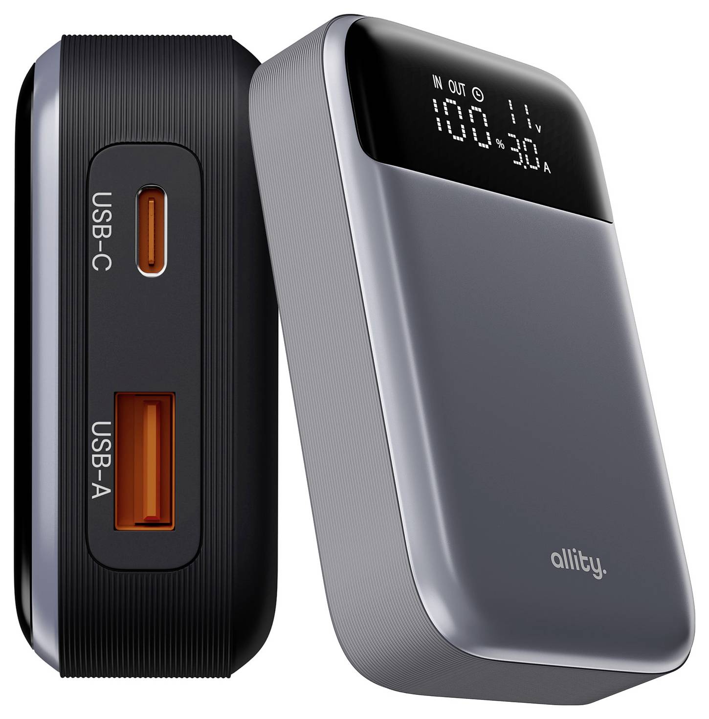 Šedá a černá power banka s digitálním displejem zobrazujícím stav vstupu/výstupu, plus porty USB-C a USB-A na boku.