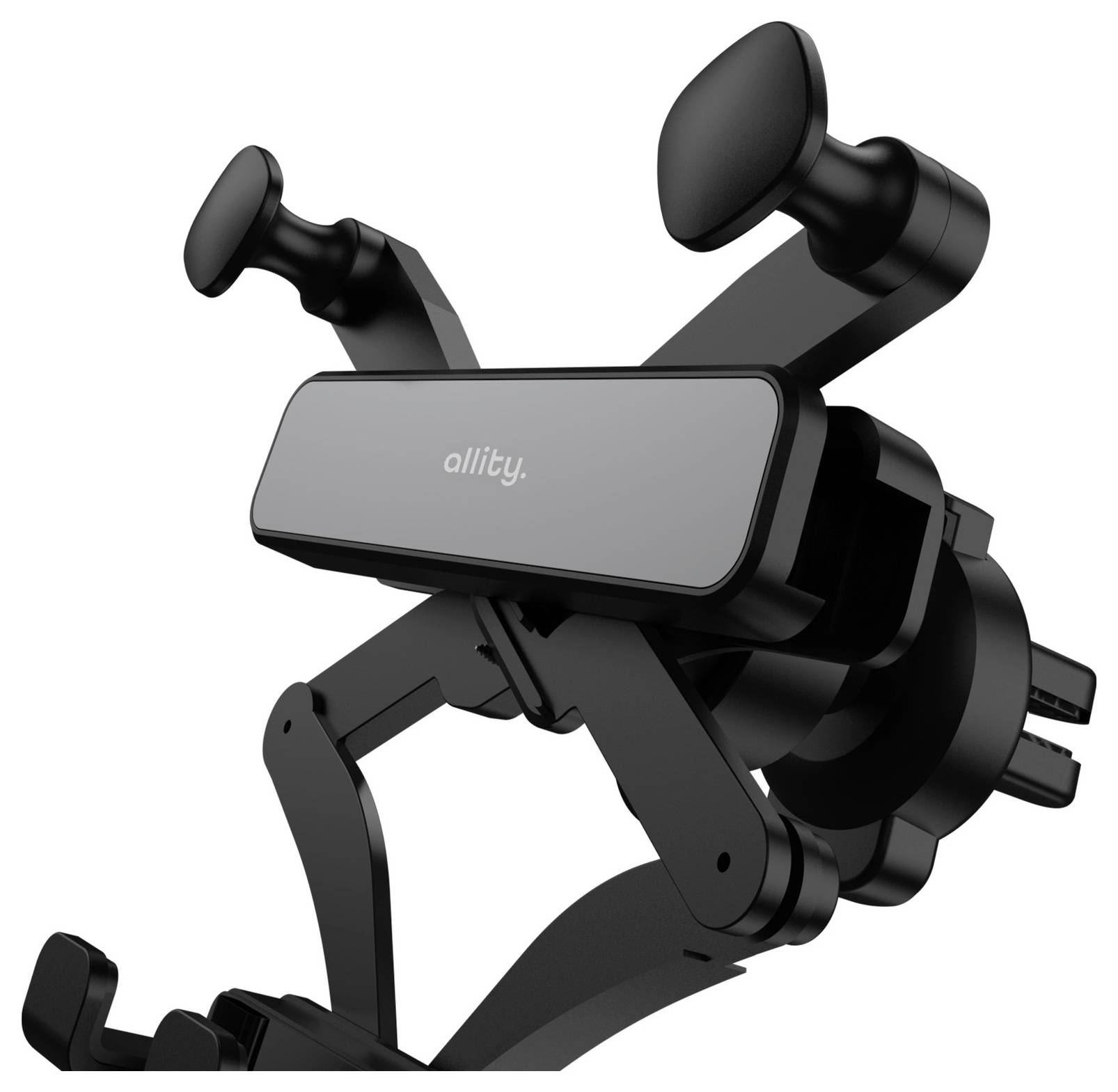 Černá univerzální držák na telefon do auta Black Allity s nastavitelnými rameny upínací sady a přísavným pohárkem, zobrazený na bílém pozadí.