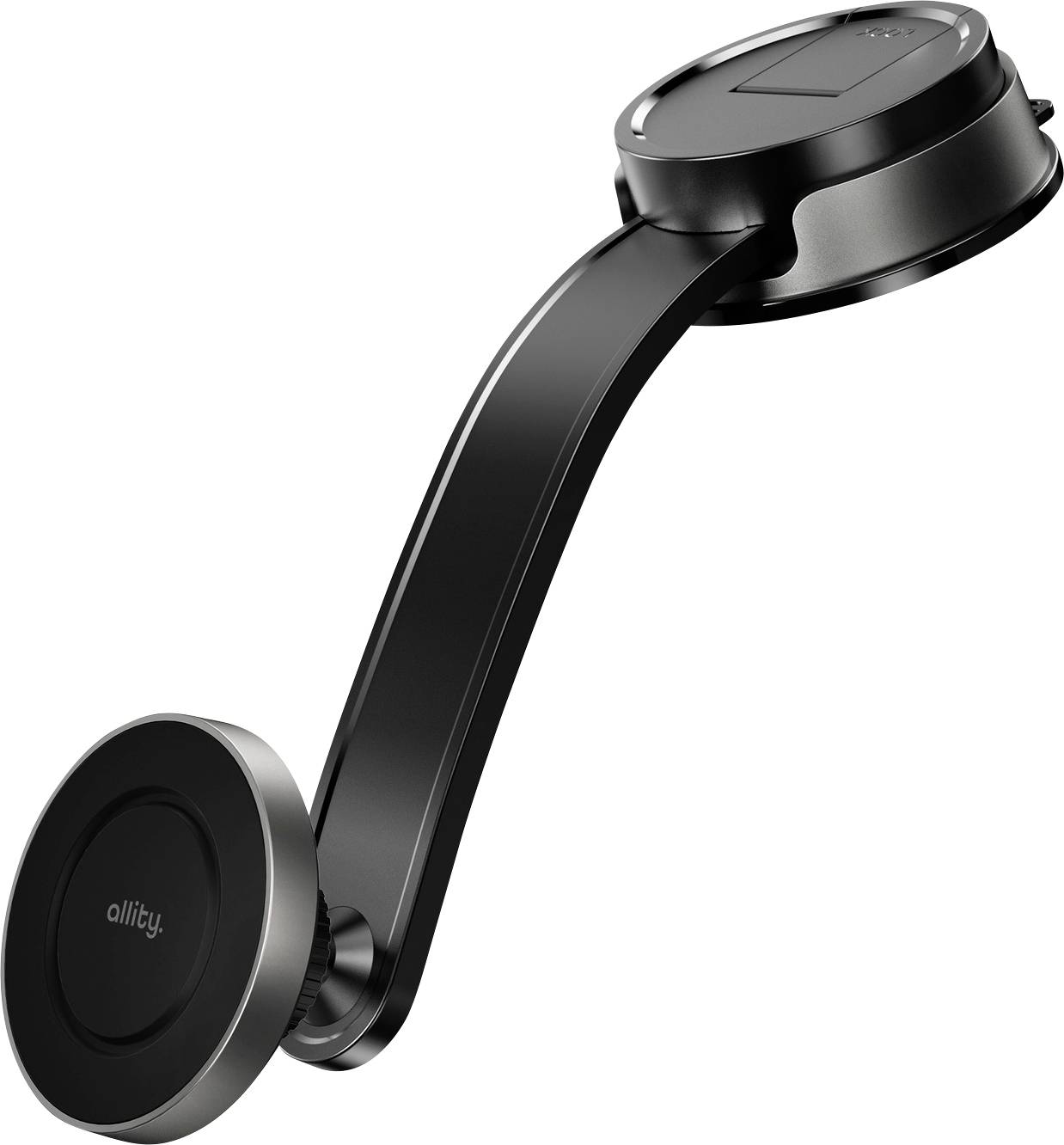 Černý magnetický držák na telefon do auta s kulatou základnou a zakřiveným nastavitelným ramením na bílém pozadí