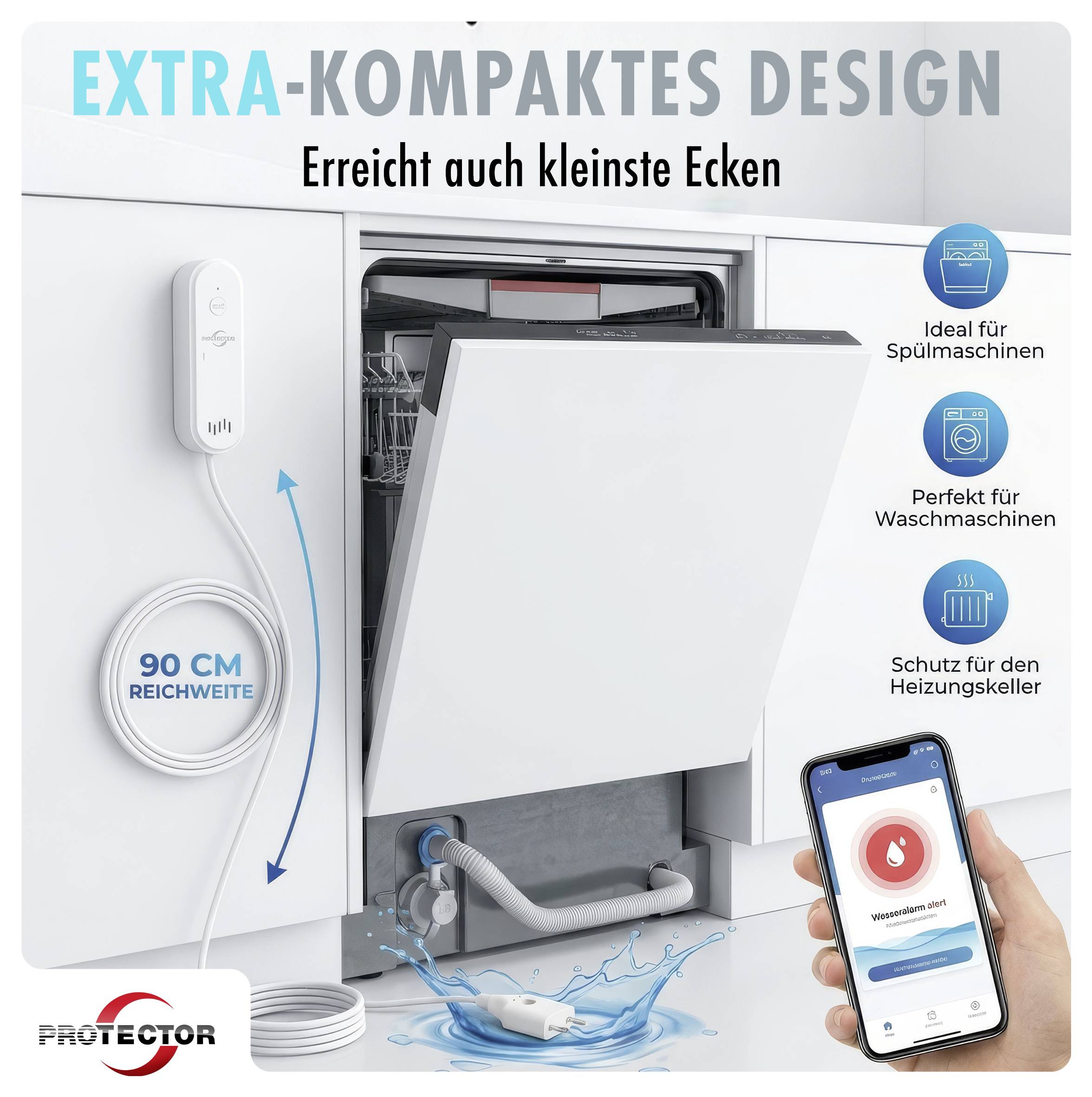 Reklamní inzerát pro kompaktní systém detektoru vody s řízením přes aplikaci; zobrazuje senzor na zemi, alarm a dosah 90 cm, ideální pro myčky a pračky.
