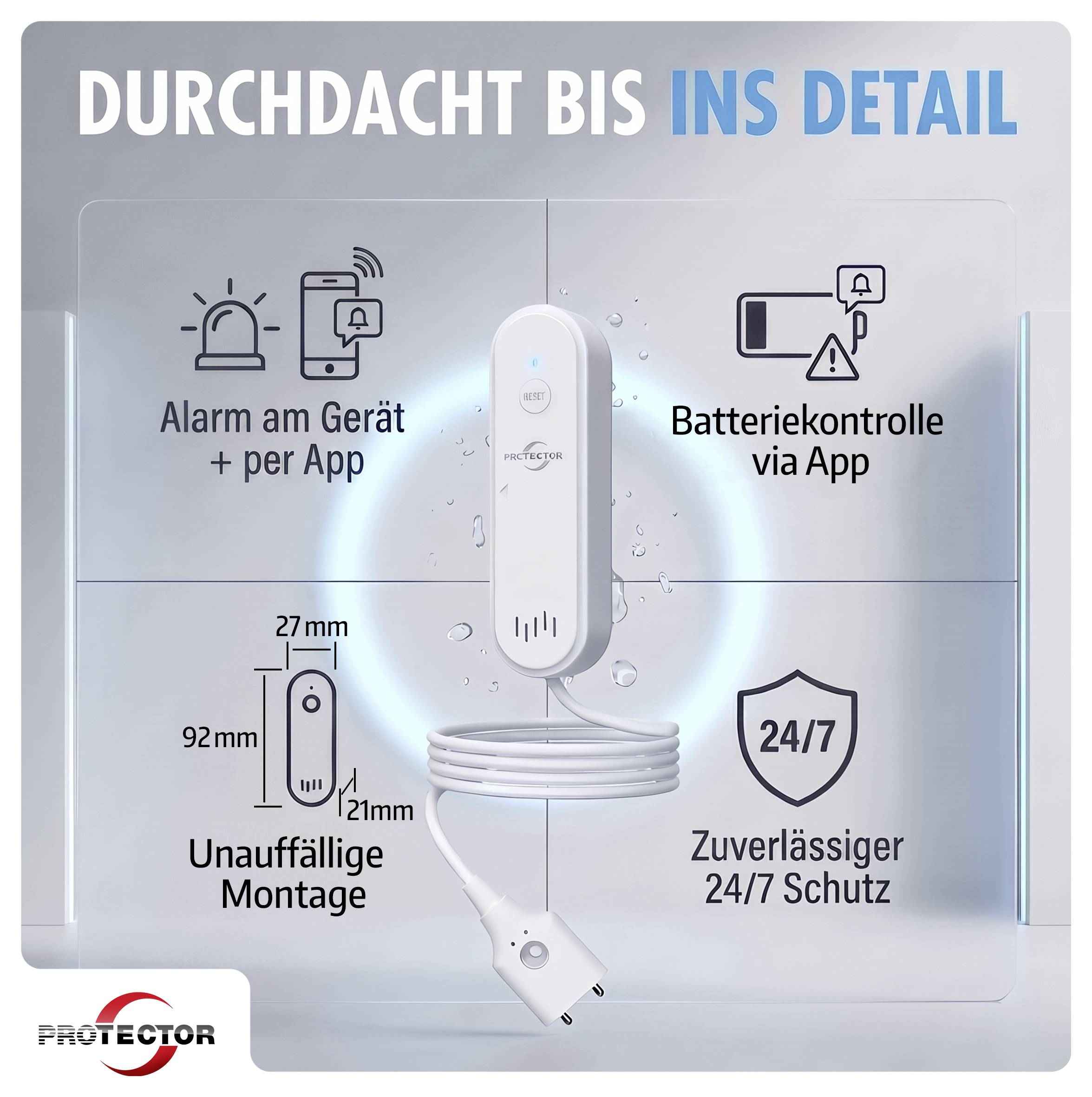 Propagační infografika v češtině zobrazující drátový senzor/alarm zařízení a kontrolu aplikací s funkcemi: alarm na zařízení a přes aplikaci, kontrola baterie přes aplikaci, diskrétní instalace 92 x 27 x 21 mm a spolehlivá ochrana 24/7.