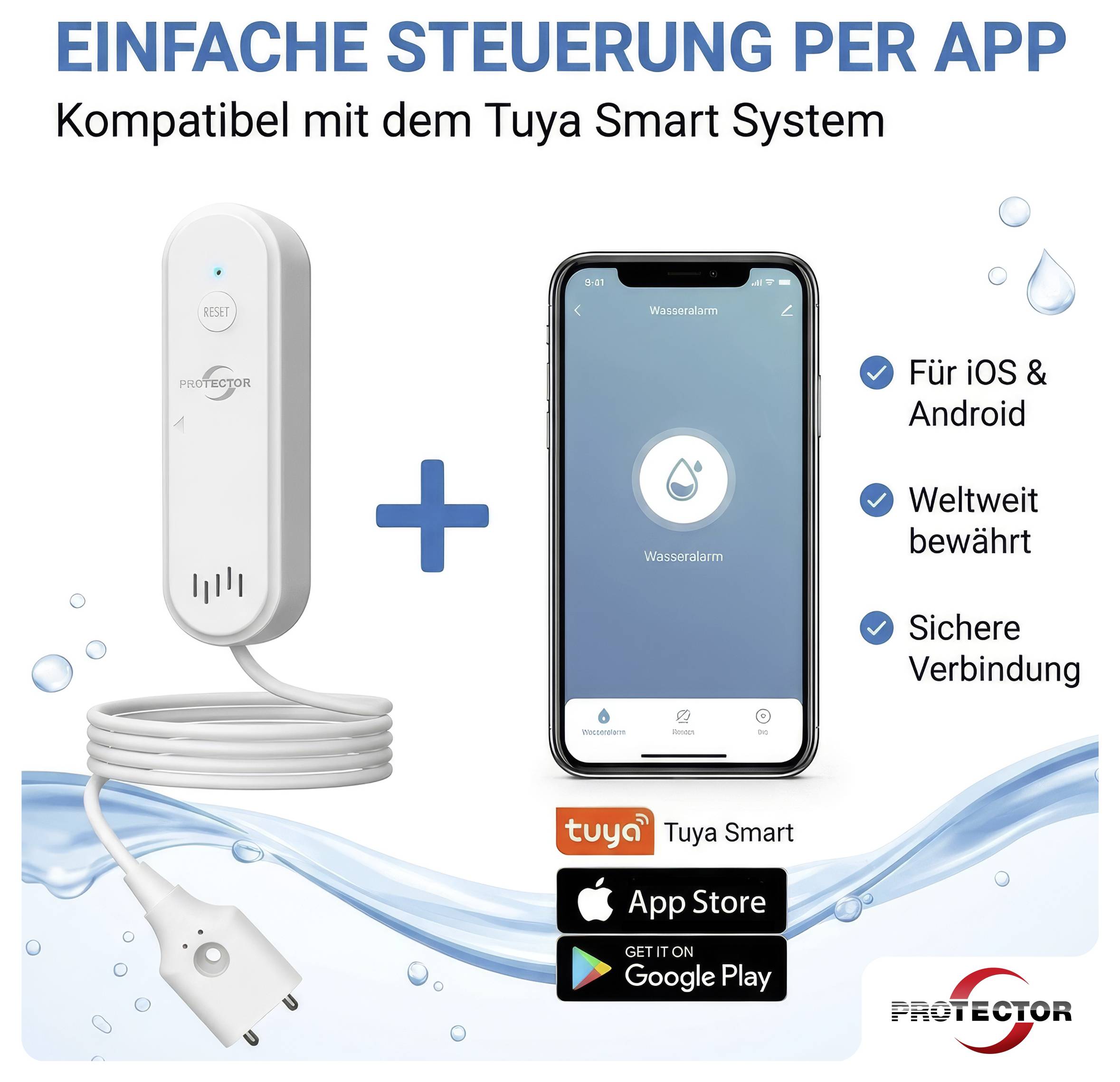 Propagační grafika pro aplikační ovládání vodního alarmu Protector s Tuya Smart: zařízení plus aplikace pro chytrý telefon, iOS/Android, celosvětově ověřené, bezpečné připojení.