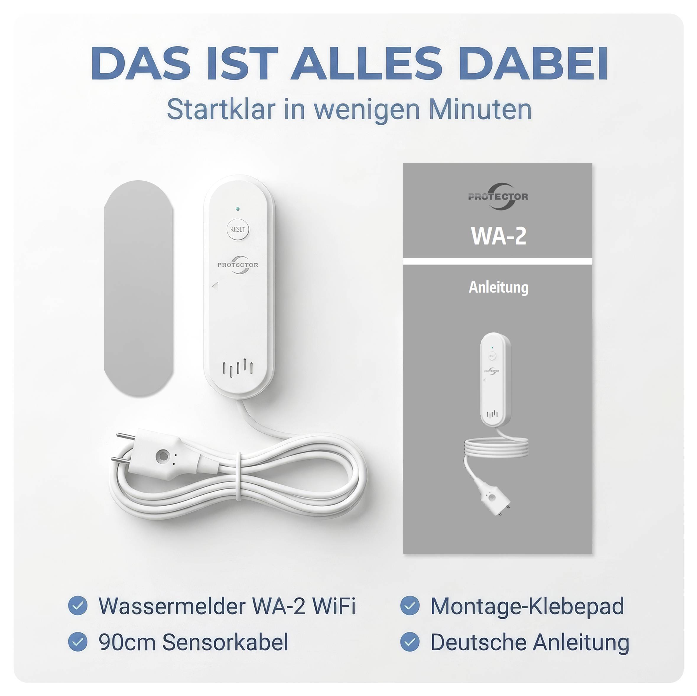 Obsah balení pro WiFi senzor vody WA-2: senzor, kabel dlouhý 90 cm, samolepicí montážní podložka a německý návod k použití.