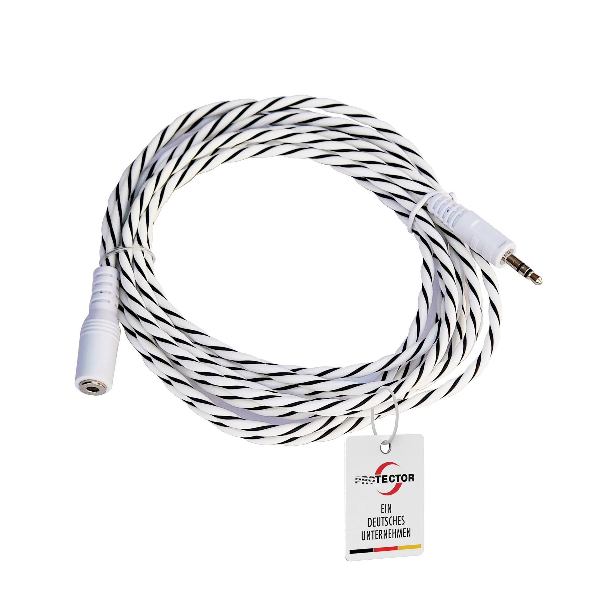 Stočený bílý a černý audio prodlužovací kabel s 3,5 mm samčím konektorem, samičkou jack a visící značkou „PROTECTOR".