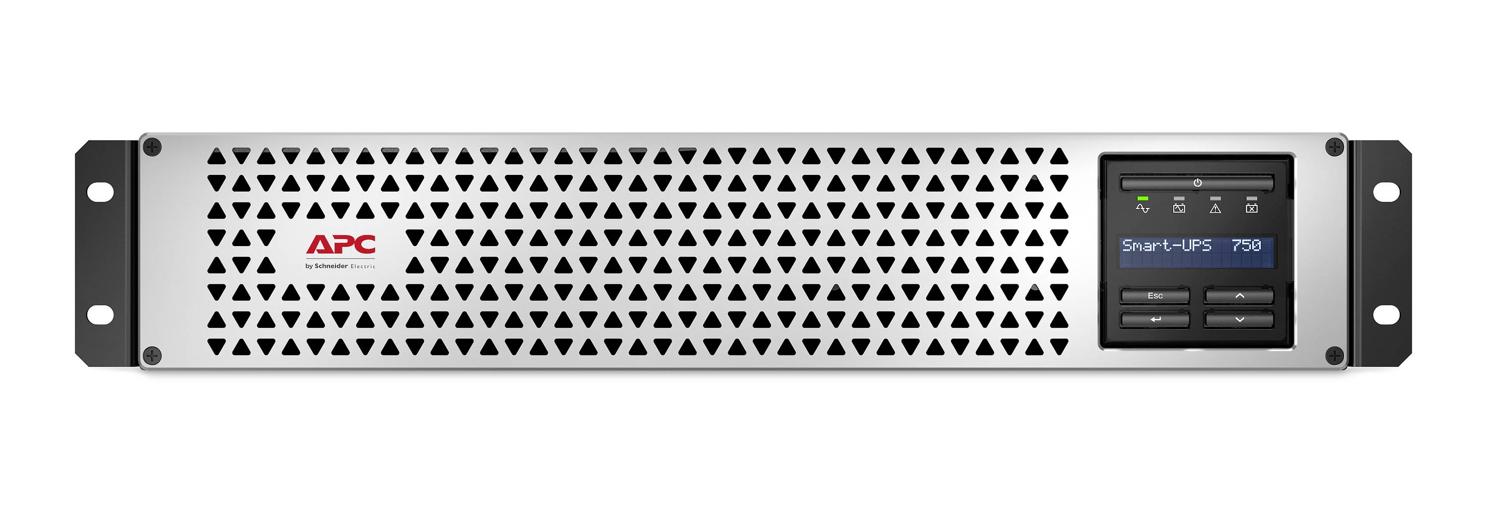 Přední pohled na rackmountovací nepřerušitelný zdroj napájení APC Smart-UPS 750 s větraným panelem, LCD displejem a montážními ušima.