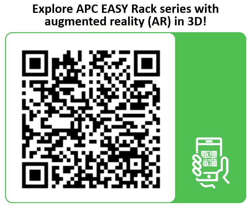 QR kód pro prozkoumávání řady APC EASY Rack v 3D rozšířené realitě s textem "Prozkoumejte řadu APC EASY Rack s rozšířenou realitou (AR) ve 3D!" a ikonou skenování telefonu.
