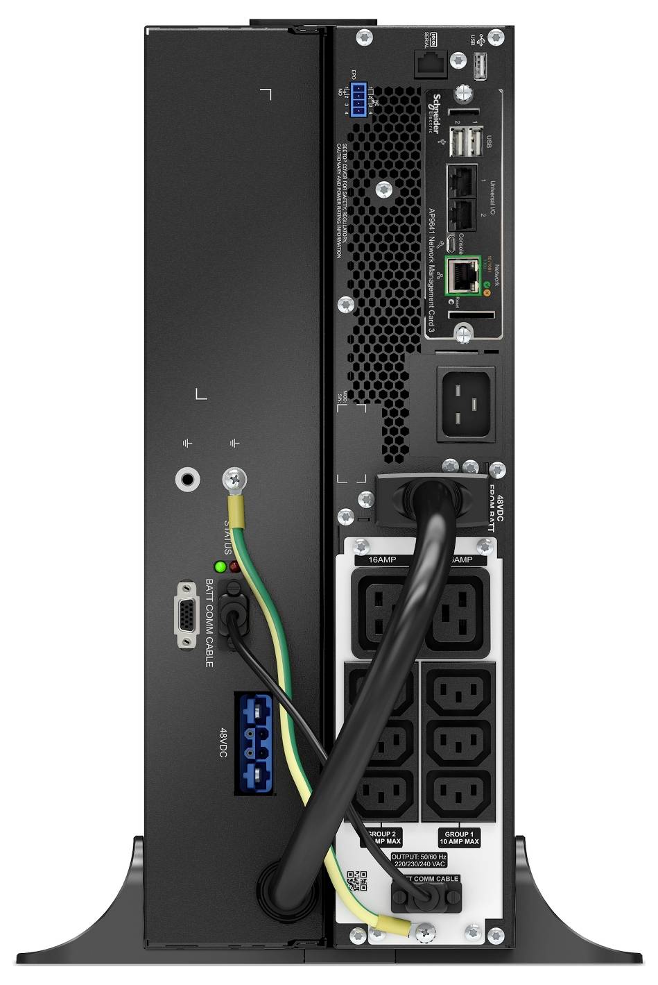 Zadní pohled na skříň desktopového počítače zobrazující zdroj napájení, ventilaci, porty USB, Ethernet, audio porty a připojené kabely.