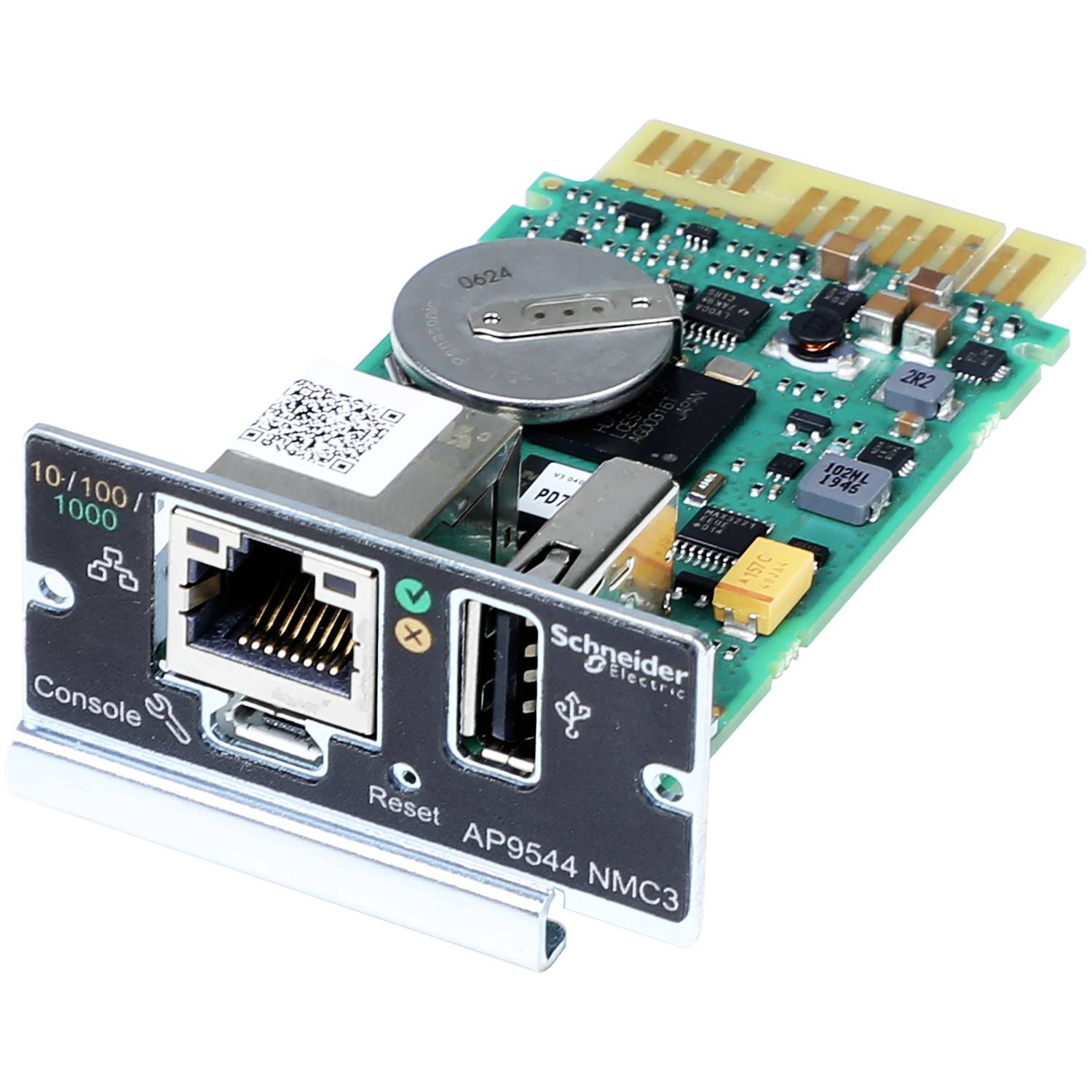 Síťová karta správy Schneider Electric AP9544 NMC3 s porty Ethernet, USB, konzole a resetování