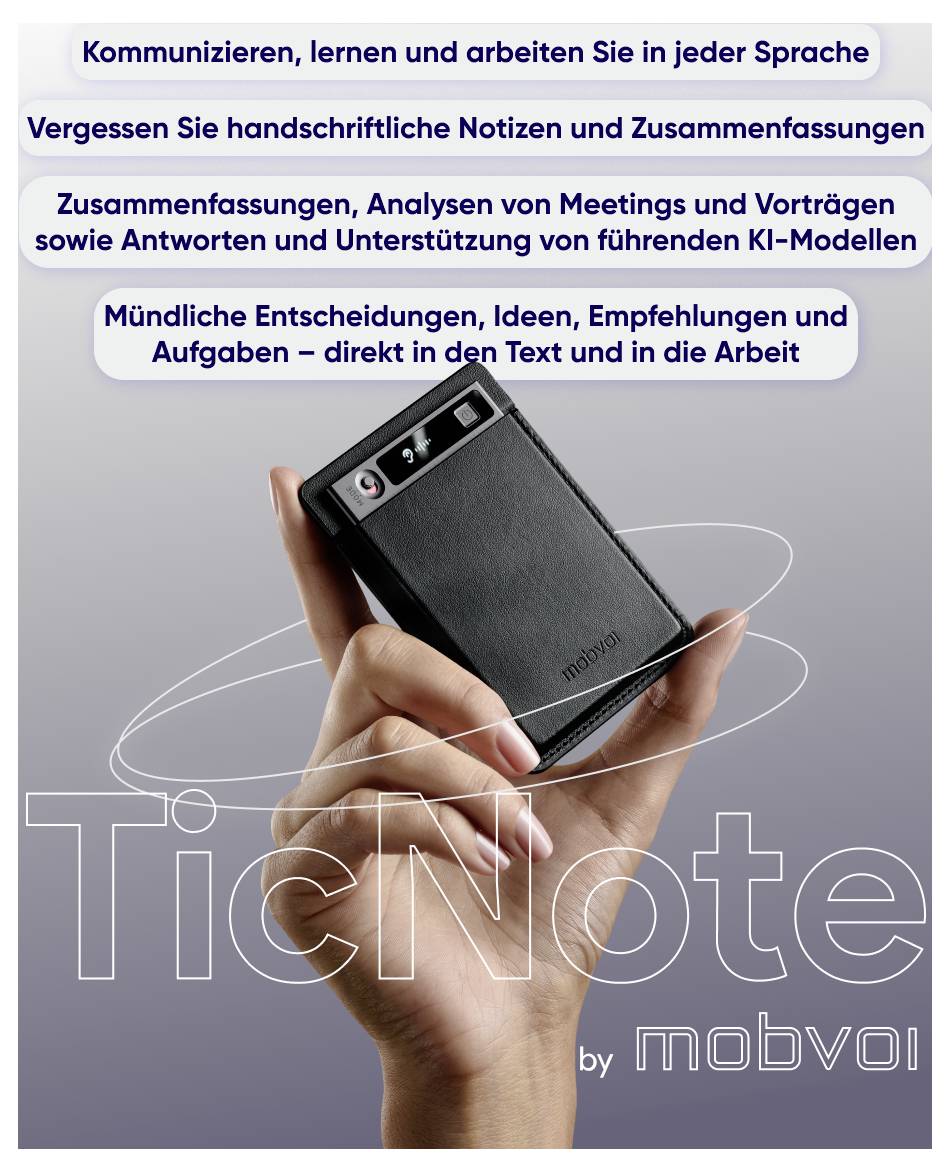 Reklamní grafika pro 'TicNote' od Mobvoi: Ruka drží kompaktní nahrávací zařízení; text uvádí vícejazyčnou komunikaci, shrnutí, analýzy schůzí a podporu AI.