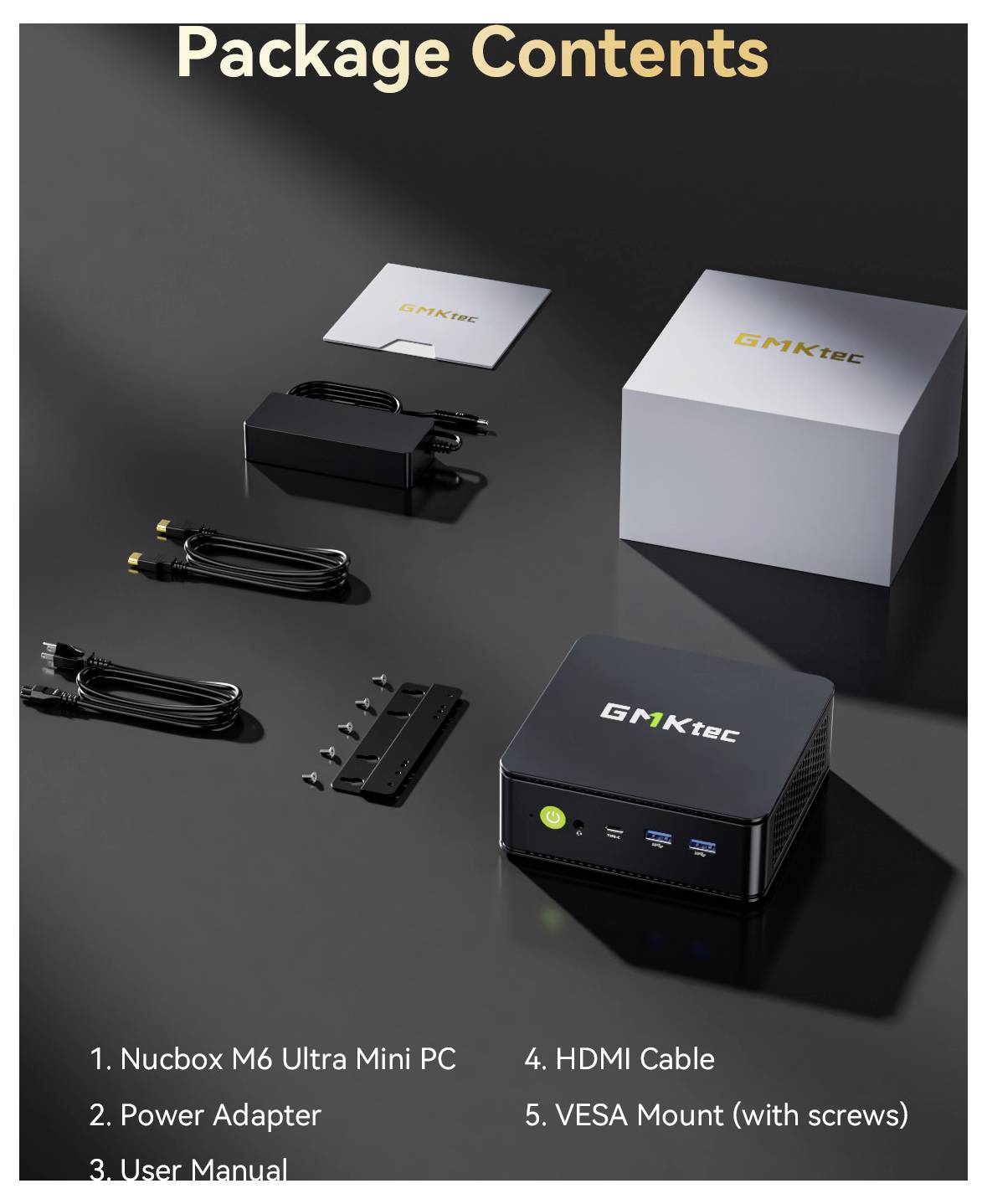 Obsah balení: Nucbox M6 Ultra Mini PC, adaptér napájení, uživatelský manuál, kabel HDMI a VESA držák se šrouby.