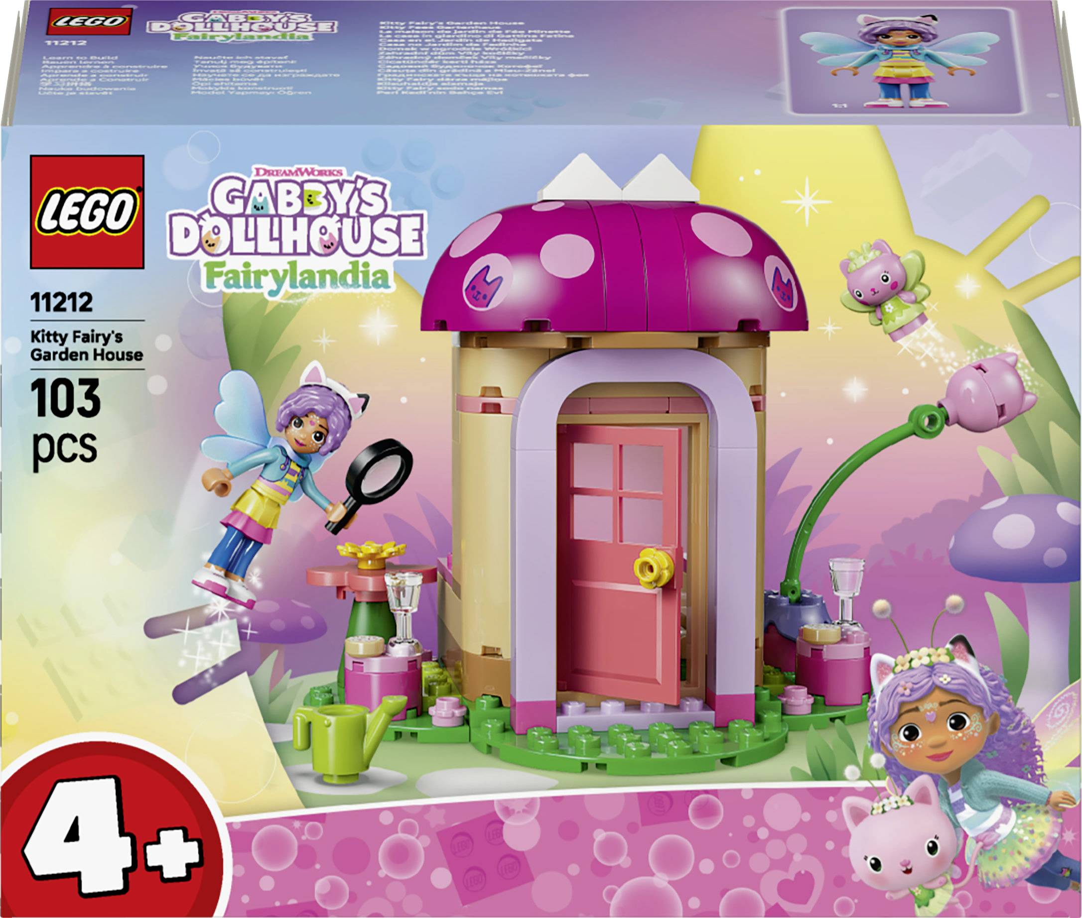 LEGO Gabby's Dollhouse Fairylandia Kitty Fairy's Garden House sada, 11212, 103 dílků, věk 4+, s růžovým domem se střechou v podobě houbičky a figurkami Kitty Fairy.