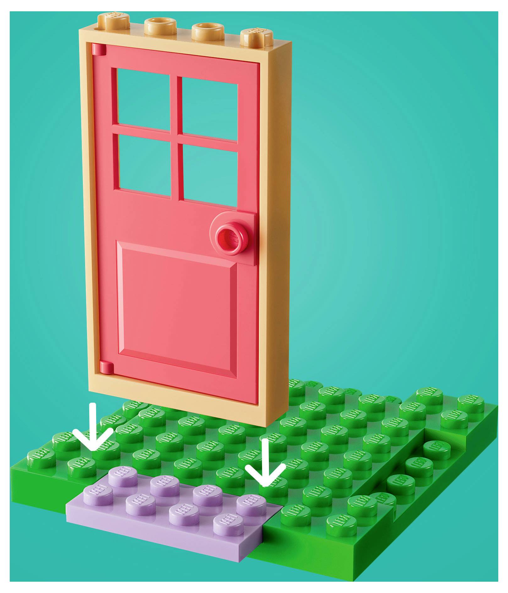 Červené hračkářské dveře na zelené podložce ve stylu LEGO s malou levandulovou plošinou a bílými šipkami směřujícími dolů k ní.
