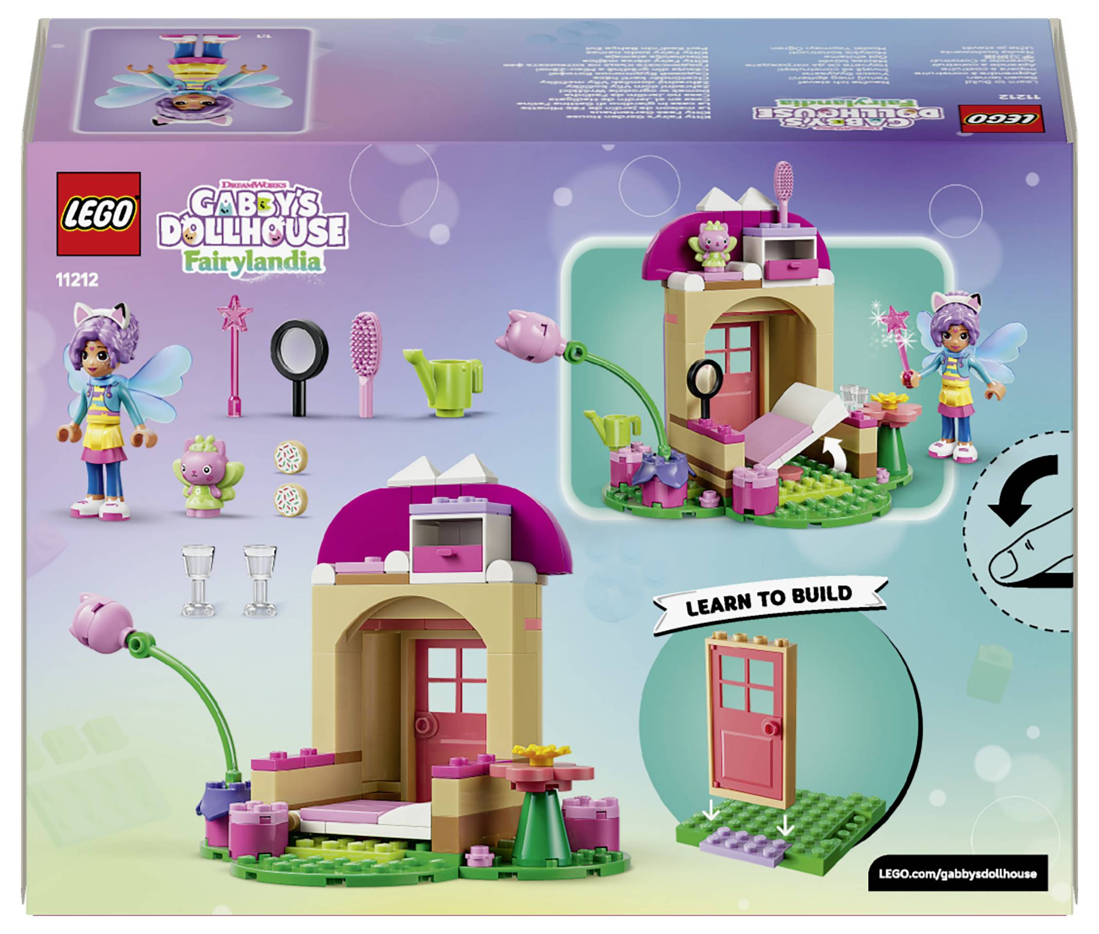 LEGO Gabby's Dollhouse Fairylandia sada s obalem zobrazujícím stavitelný pastelový domek podobný houslení, minifigurky, příslušenství a funkci dveří "LEARN TO BUILD".