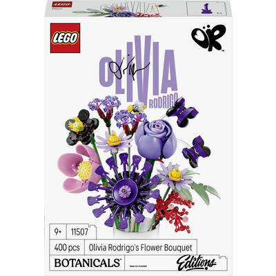 LEGO Botanicals edice Olivia Rodrigo Flower Bouquet sada - krabice s předvolbou, zobrazující fialový květinový arrangement a věk 9+, 11507, 400 dílů.