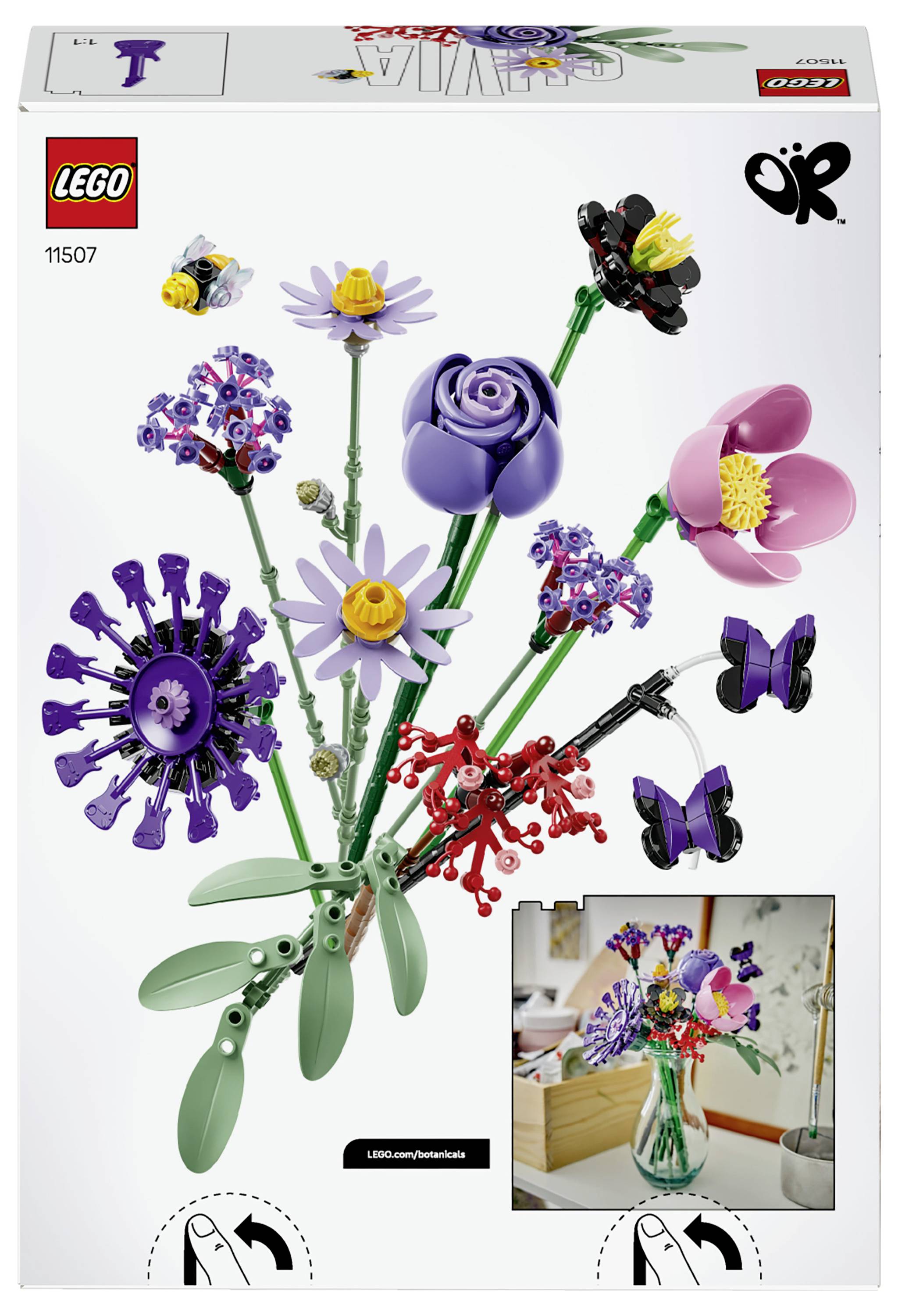 LEGO Icons sada 11507 s krabicí zobrazující kytici barevných stavitelných květin s malou vloženou fotografií sesazeného uspořádání ve váze.
