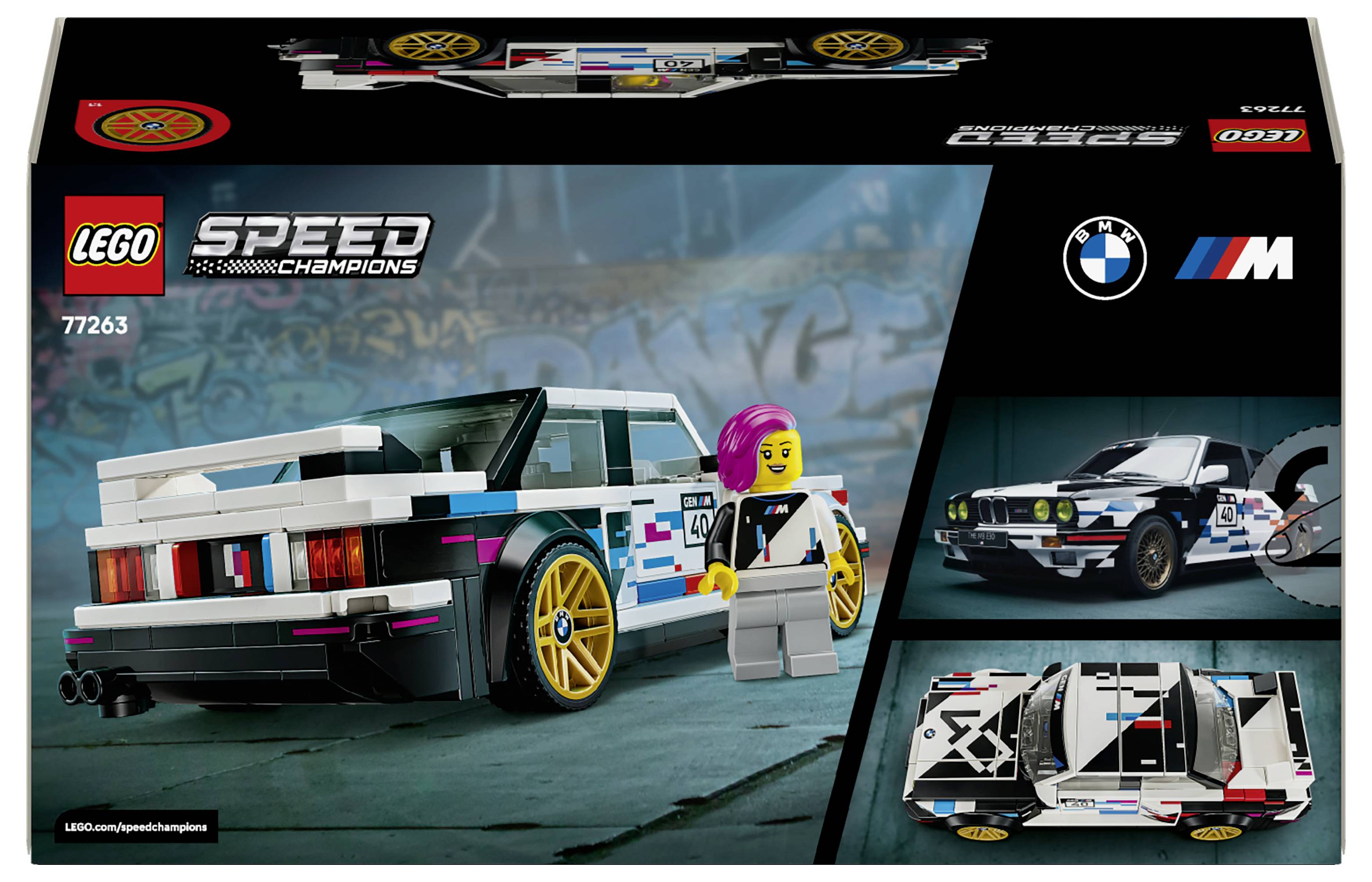 Referenční obrázek na krabici LEGO Speed Champions BMW M4 GT3 a M hybrid V8, zobrazující bílý závodní vůz, figurku řidiče a dva obrázky modelových aut na pravé straně.